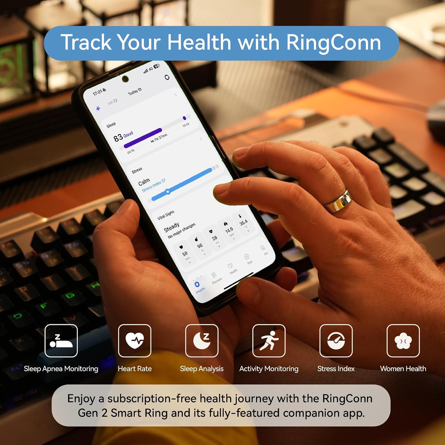 RingConn Gen 2 Smart Ring - Sleep Apnea Monitoring(Silver, Size 8) - Image 3