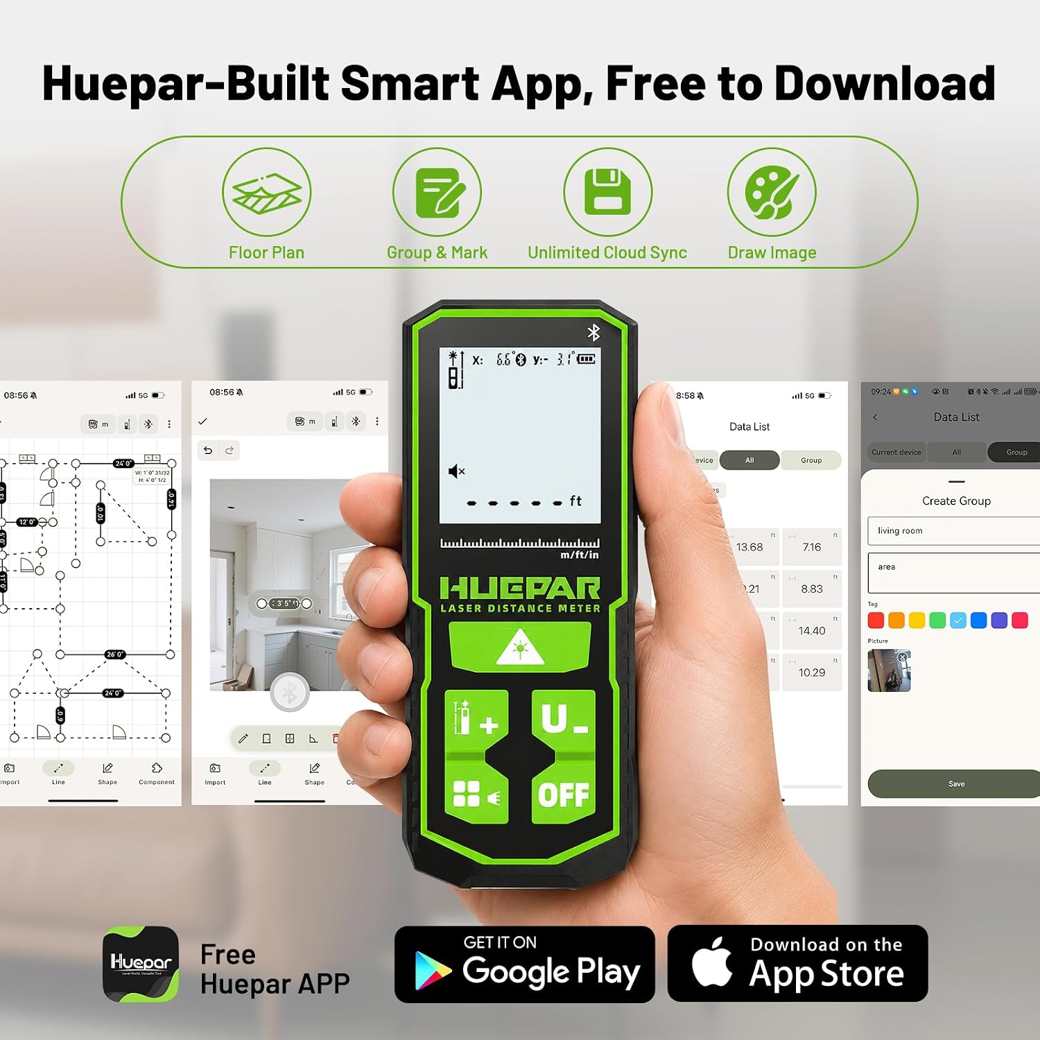 Huepar Bluetooth Green Laser Measuring Tool 395FT, S120-G-BT - Image 2