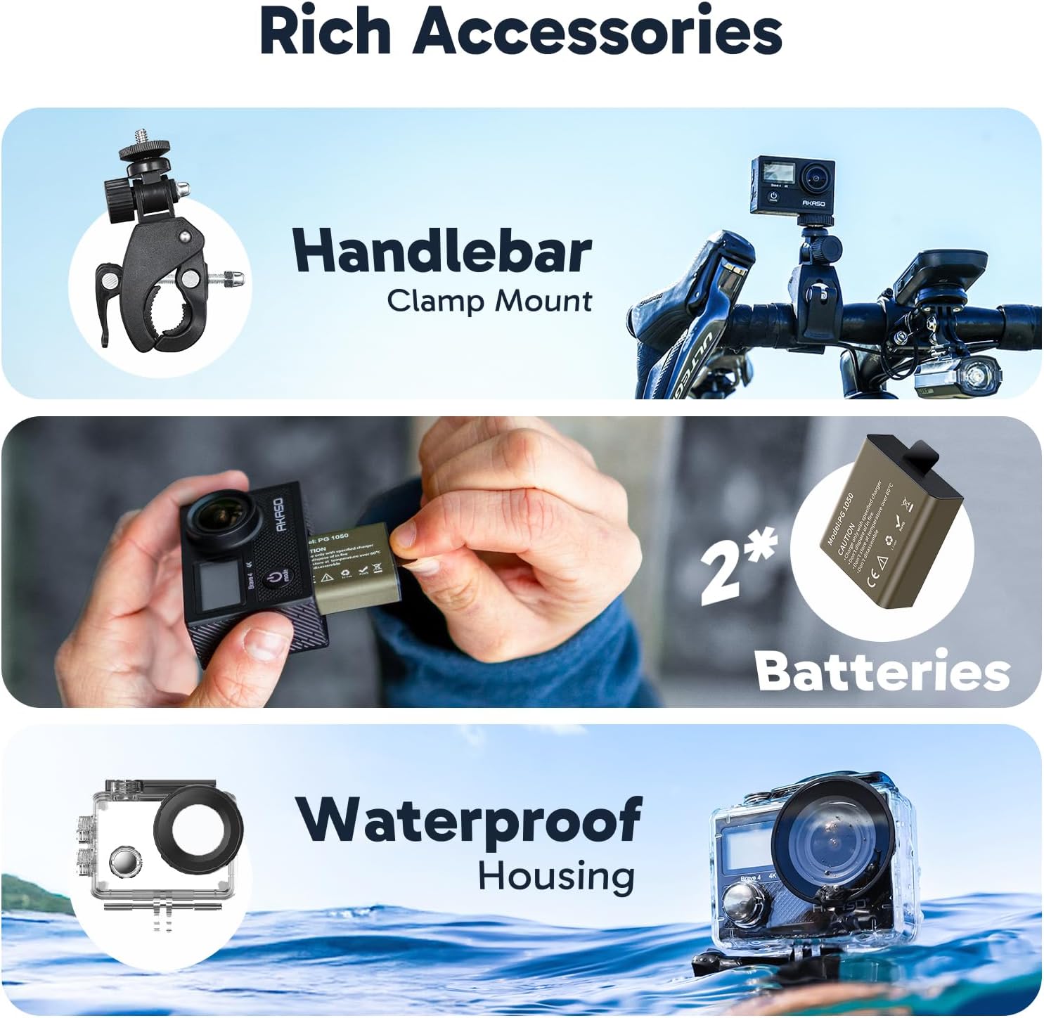 AKASO Brave 4 Action Camera 4K 30fps with 64GB MicroSD U3 Card Bicycle Helmet Accessories Kit Bundle, 20MP Ultra HD 131FT Waterproof Underwater Camera EIS WiFi Remote Control 5X Zoom Sport Cameras - Image 7