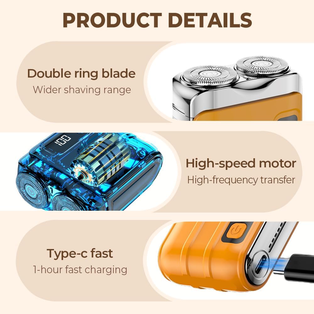 Portable Mini Mens Electric Shaver, 2027 New Travel Shaver, Compact Dual Head Shaver for Home Use, Rechargeable Wet Dry Shaver for Men (Blue) - Image 3
