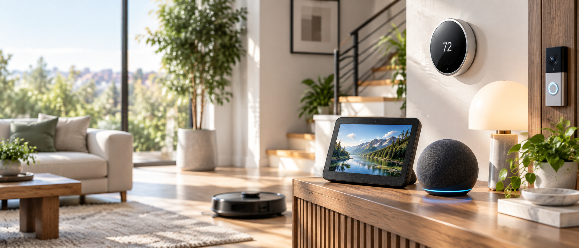 Modern smart home devices in a bright connected living space