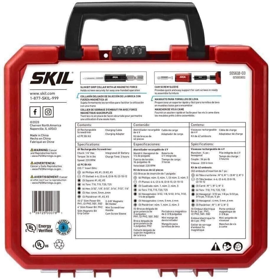 SKIL Rechargeable 4V Cordless Pistol Grip Screwdriver with 42pcs Bit Set, USB Charger and Carrying Case - SD5618-03 - Image 5