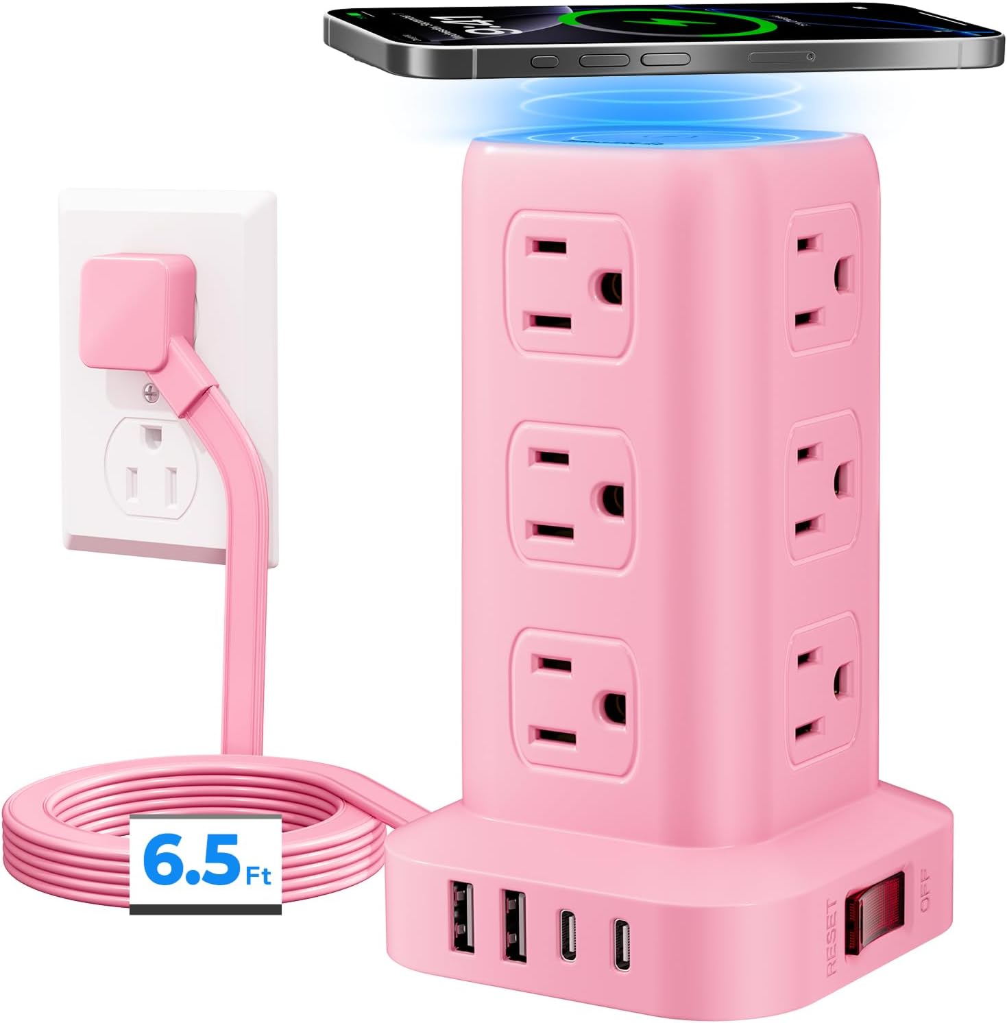 Pink Power Strip with 12 Outlets 4 USB (1 USB C), 6.5Feet Extension Cord with Multiple Outlets, Charging Station, Power Strip Tower, Home Office Desk Supplies