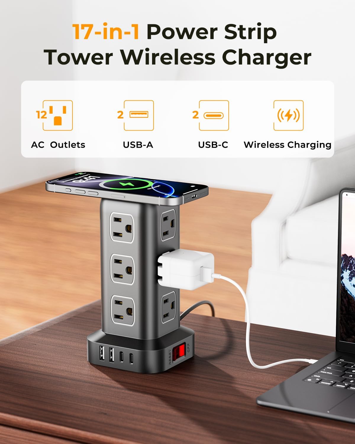 Power Strip with 12 Outlets 4 USB (1 USB C), 6.5Feet Extension Cord with Multiple Outlets, Charging Station, Power Strip Tower, Home Office Desk Supplies - Image 2
