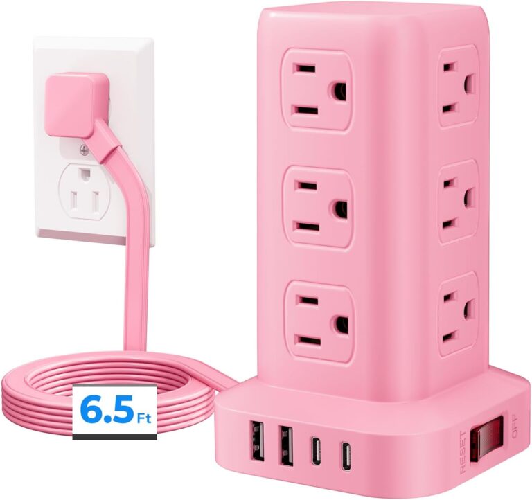 Power Strip with 12 Outlets 4 USB (1 USB C), 6.5Feet Extension Cord with Multiple Outlets, Charging Station, Pink Power Strip Tower, Home Office Desk Supplies