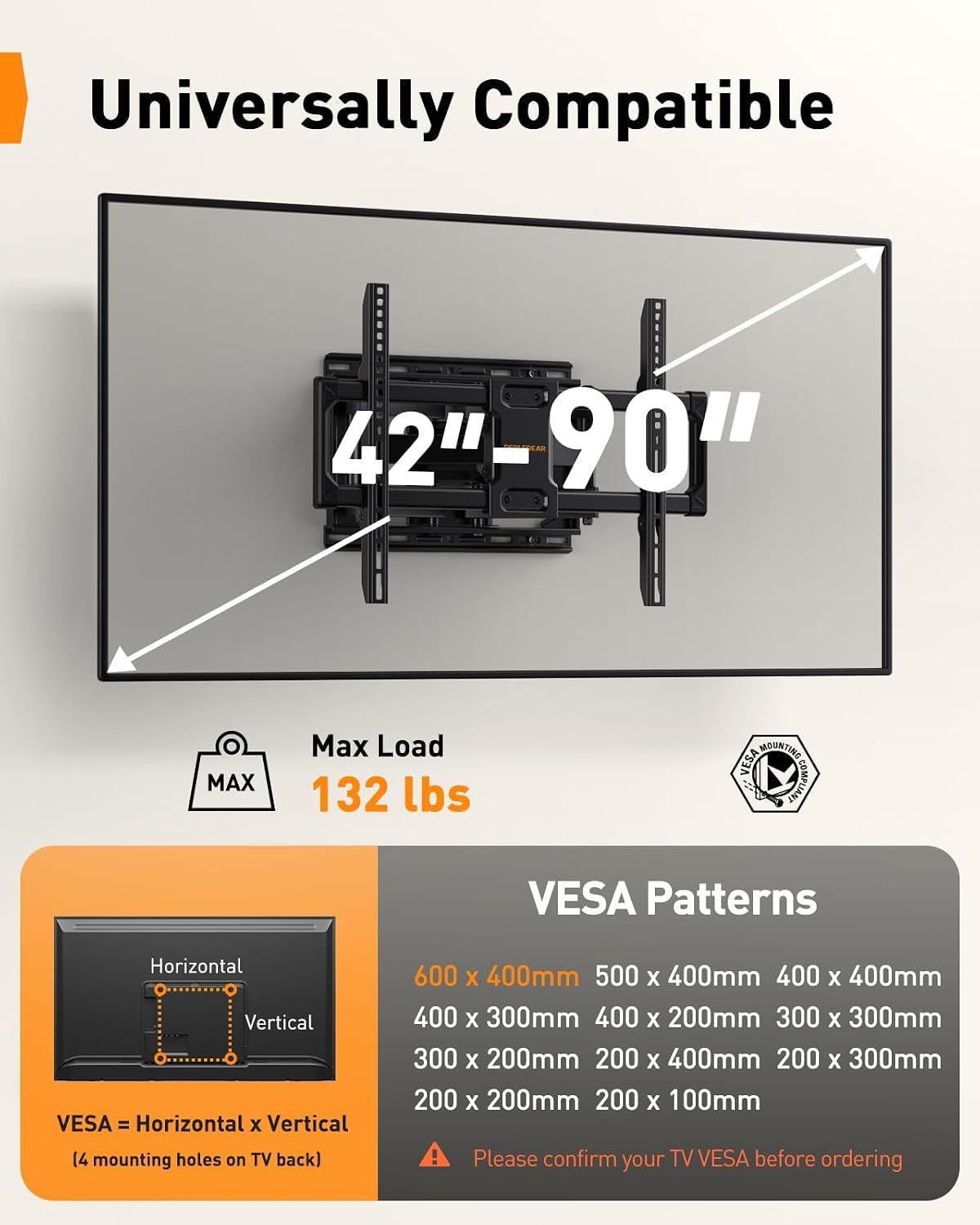Perlegear UL Listed Full Motion TV Wall Mount for 42-90" TVs up to 132lbs - Image 2