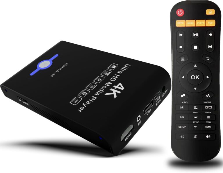 4K Ultra HD Media Player & HDD Enclosure 2-in-1,Digital Signage, Play H.265/HEVC H.264/AVC MP4 MKV Videos,MP3 Music,JPG Photos,Auto Playback and Resume,Supports HDDs,USB/SD Card,4k HDMI,Analog AV.