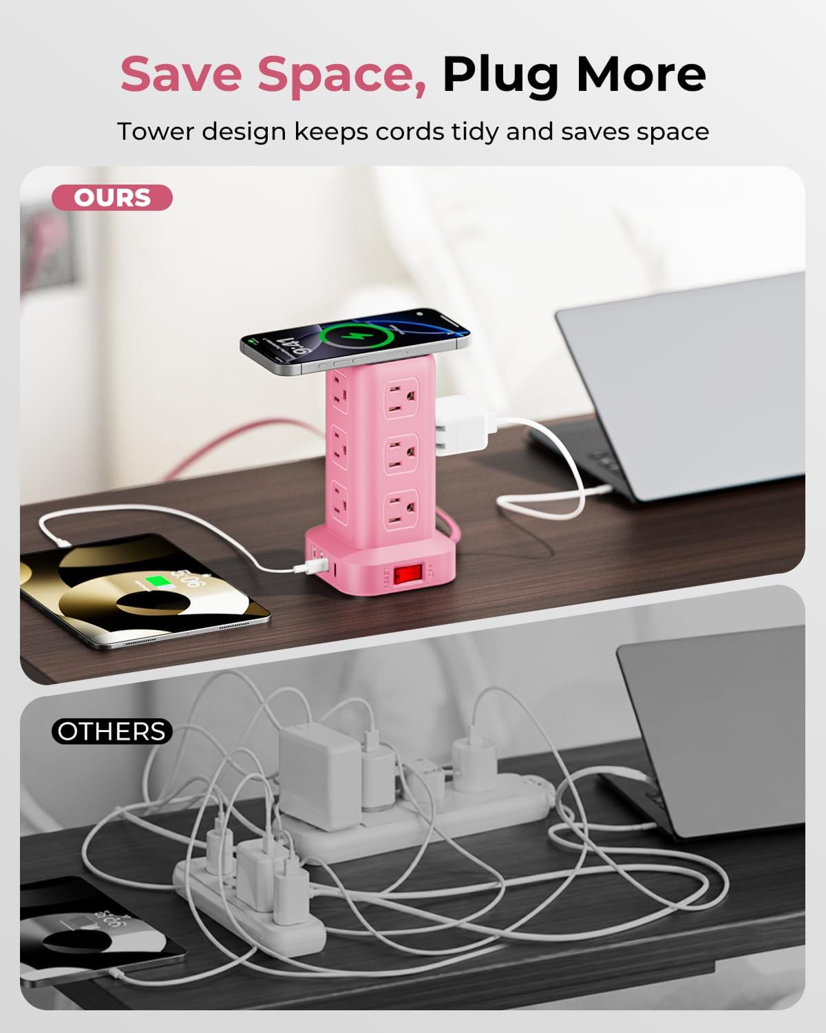 Pink Power Strip with 12 Outlets 4 USB (1 USB C), 6.5Feet Extension Cord with Multiple Outlets, Charging Station, Power Strip Tower, Home Office Desk Supplies - Image 7