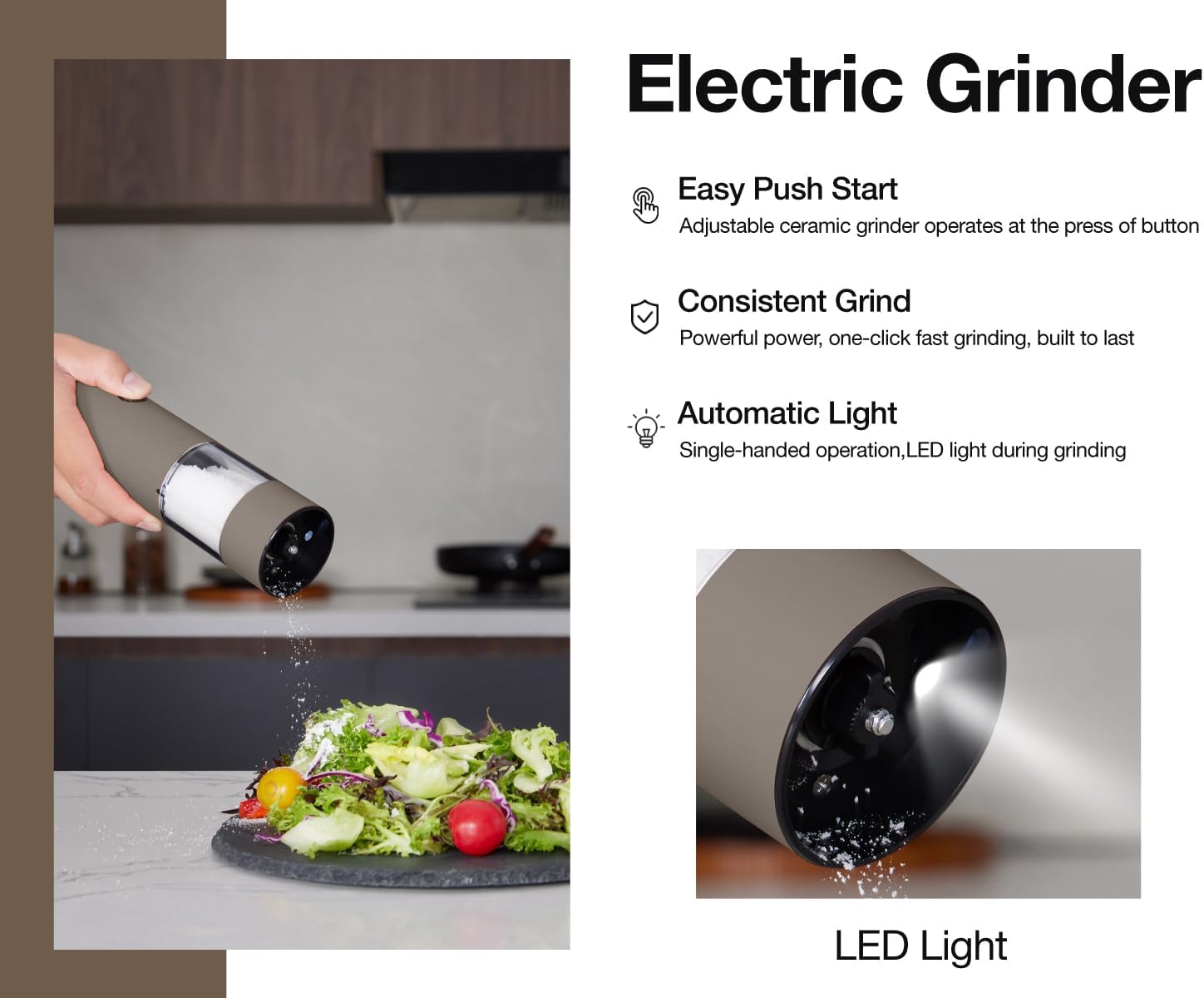 Stainless Steel Rechargeable Electric Salt and Pepper Grinder Set – USB Charging, One-Hand Electric Mill, Adjustable Coarseness, LED Light & Dust Cover –2pack(Greige & Buttercream) - Image 2