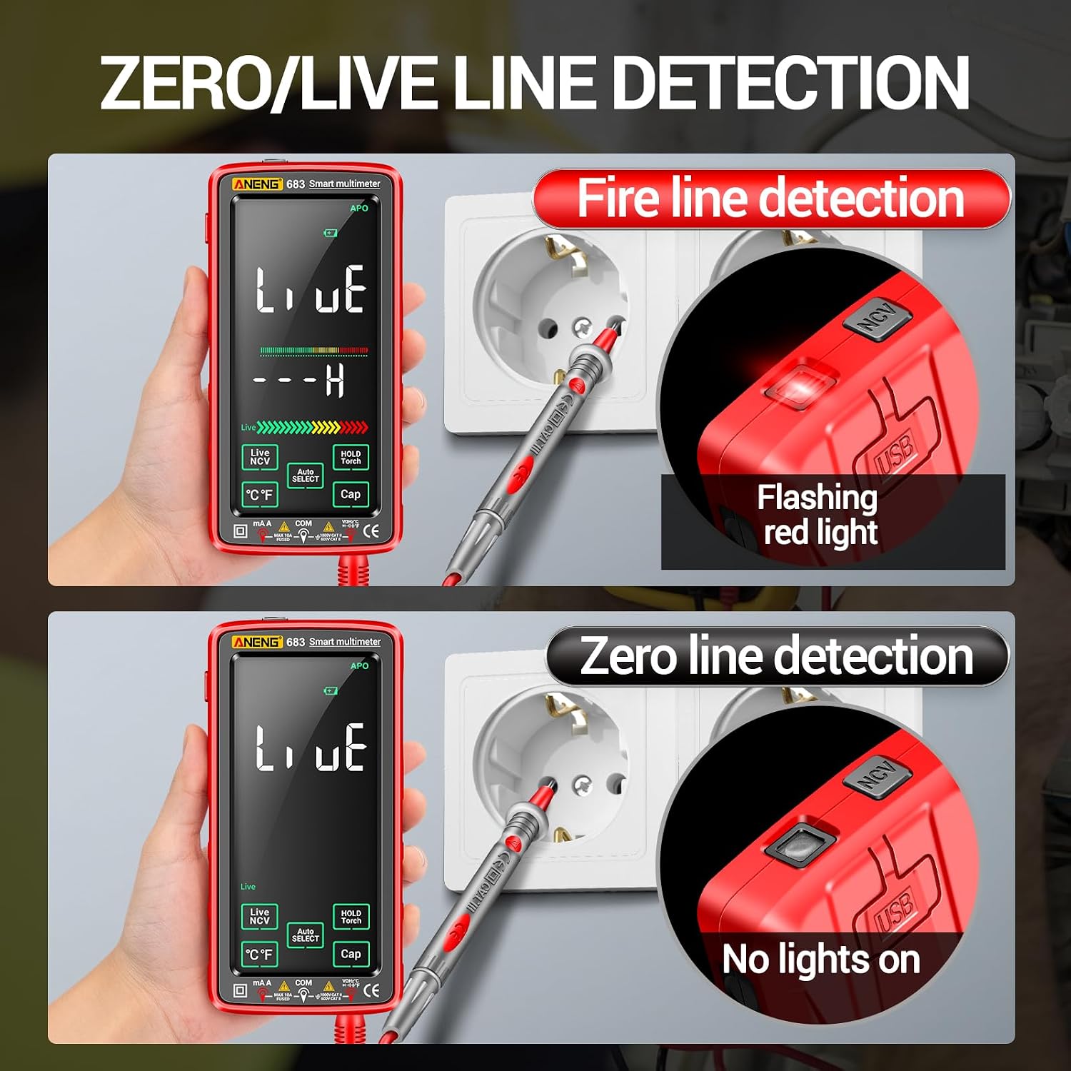 Smart Multimeter, Digital Multimeter Tester with Touch Screen 6000 Counts Auto Ranging Rechargeable A Reverse Display NCV Tester with Flashlight for Electricians, DIY (Red) - Image 4