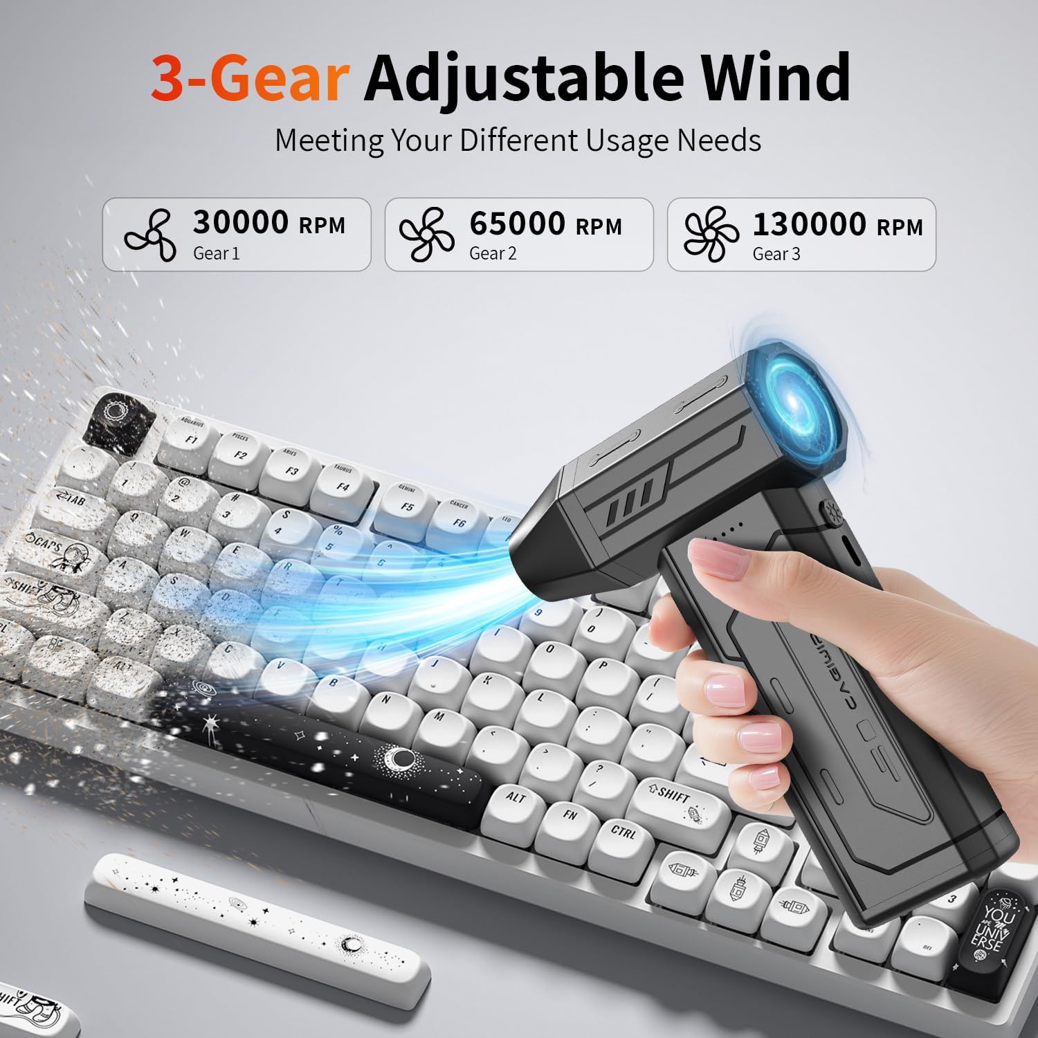 Compressed Air Duster,130000RPM Super Power Cordless Air Duster,Rechargeable Brushless Blower,3 Gear Adjustable Blower with LED Light,Dust Remover for Computer/House/Outdoor/Car - Image 4