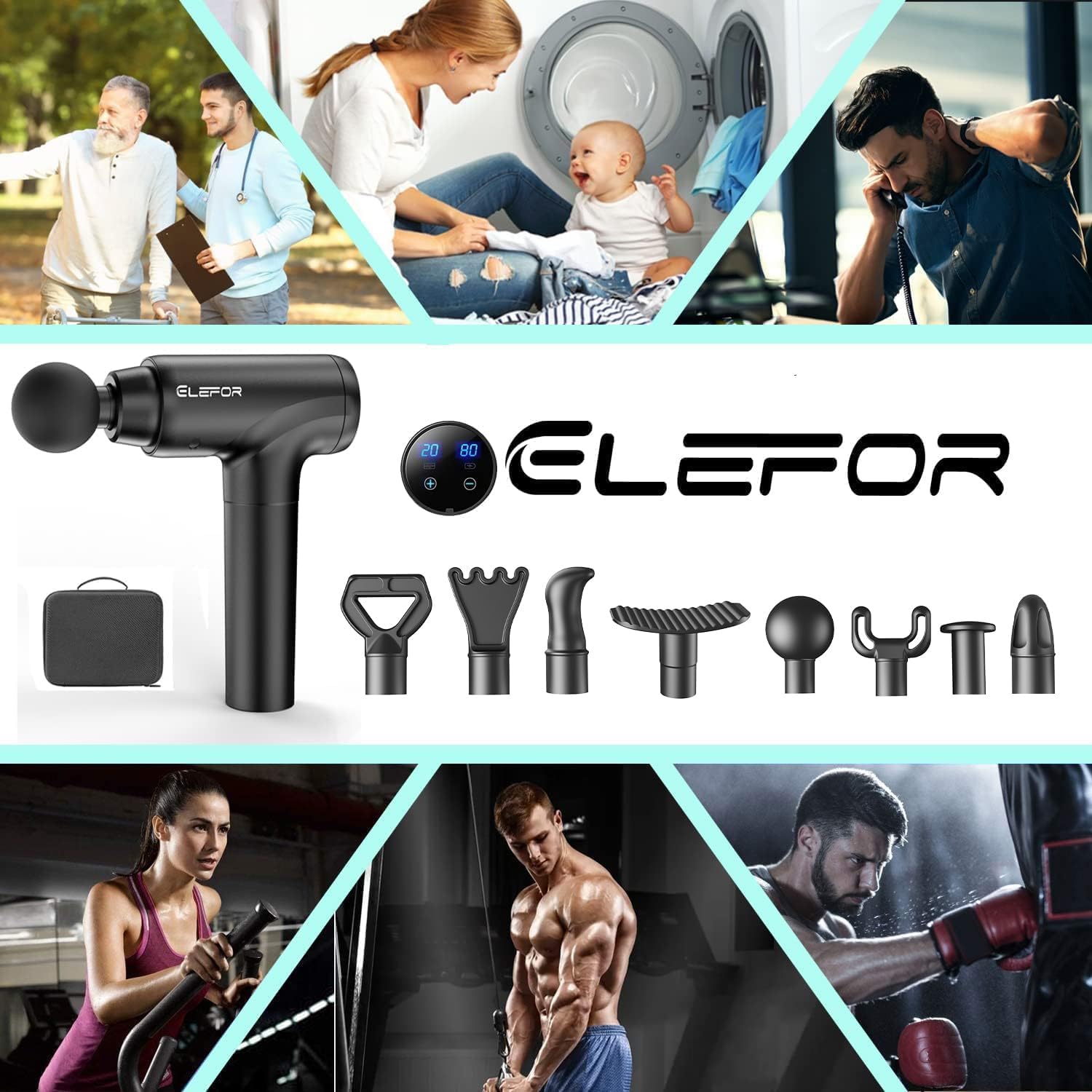 Elefor Massage Gun Deep Tissue,Percussion Back Massager Gun for Athletes Muscle Massage Gun for Pain Relief with 8 Massage Heads & 20 Speeds (Matte Black) - Image 8