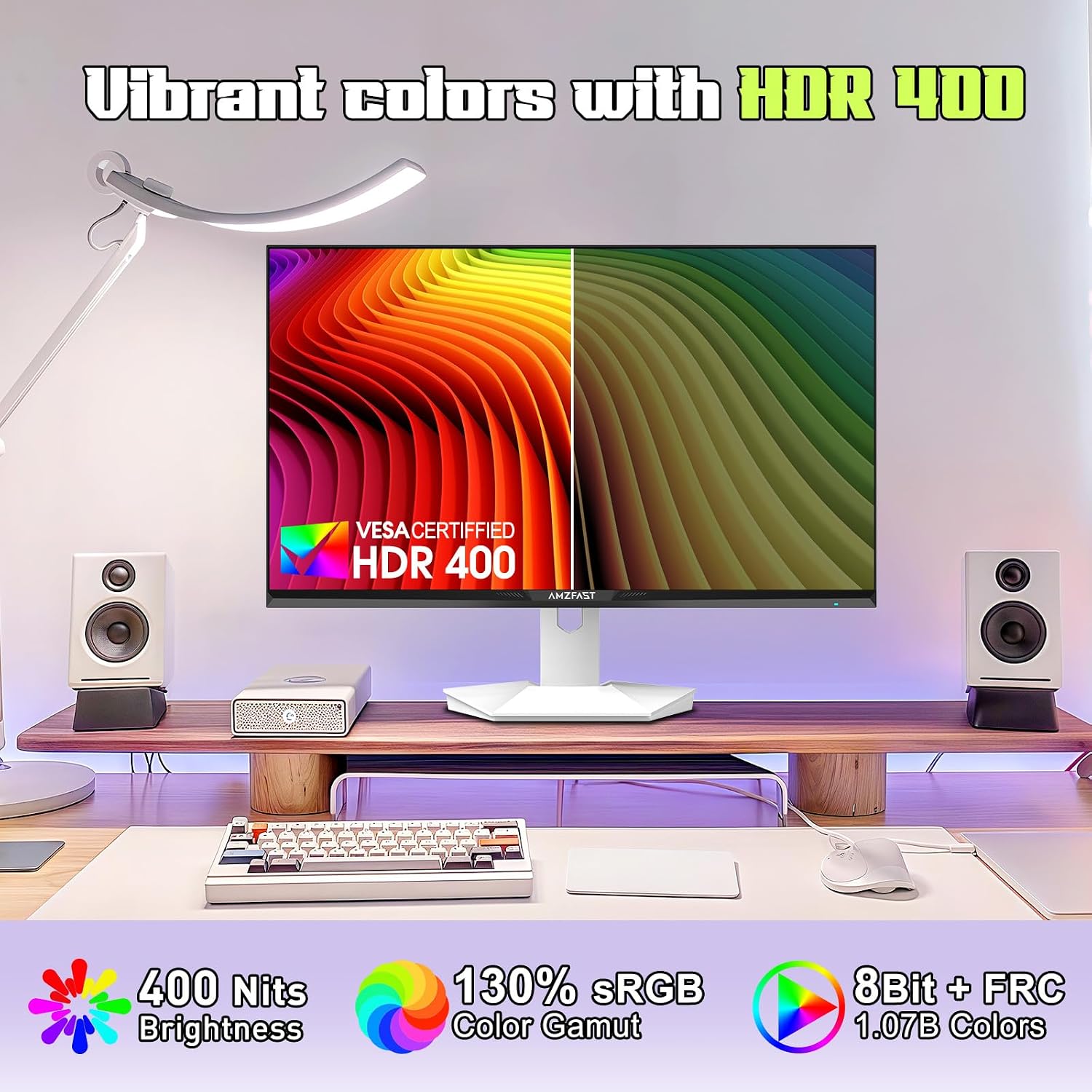 Amzfast 27" White Gaming Monitor, WQHD 2560x1440 200Hz Fast IPS 1ms HDR400 - Image 5