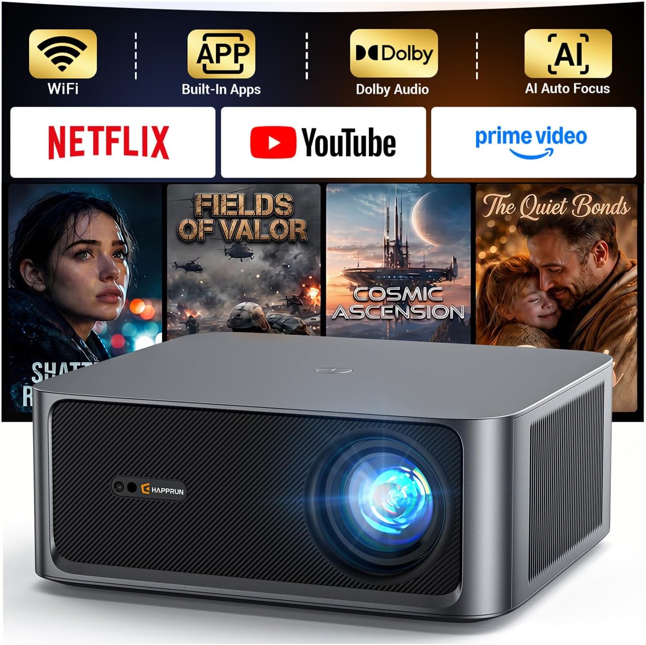 HAPPRUN 3000 ANSI Lumens Outdoor Projector with Built-in Apps, Smart OS