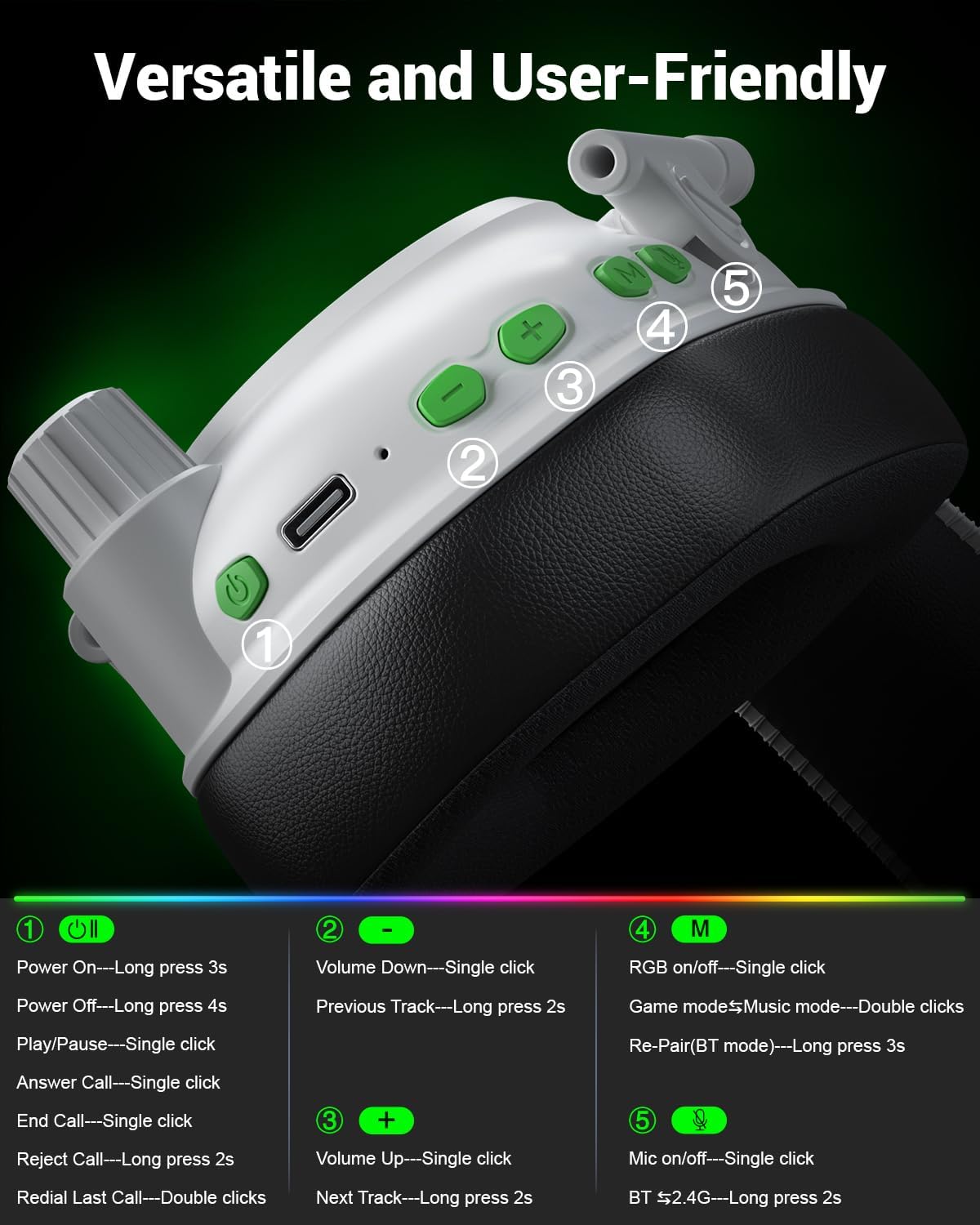 Krysenix Wireless Gaming Headset with Mic for PS5 & PC - White - Image 8