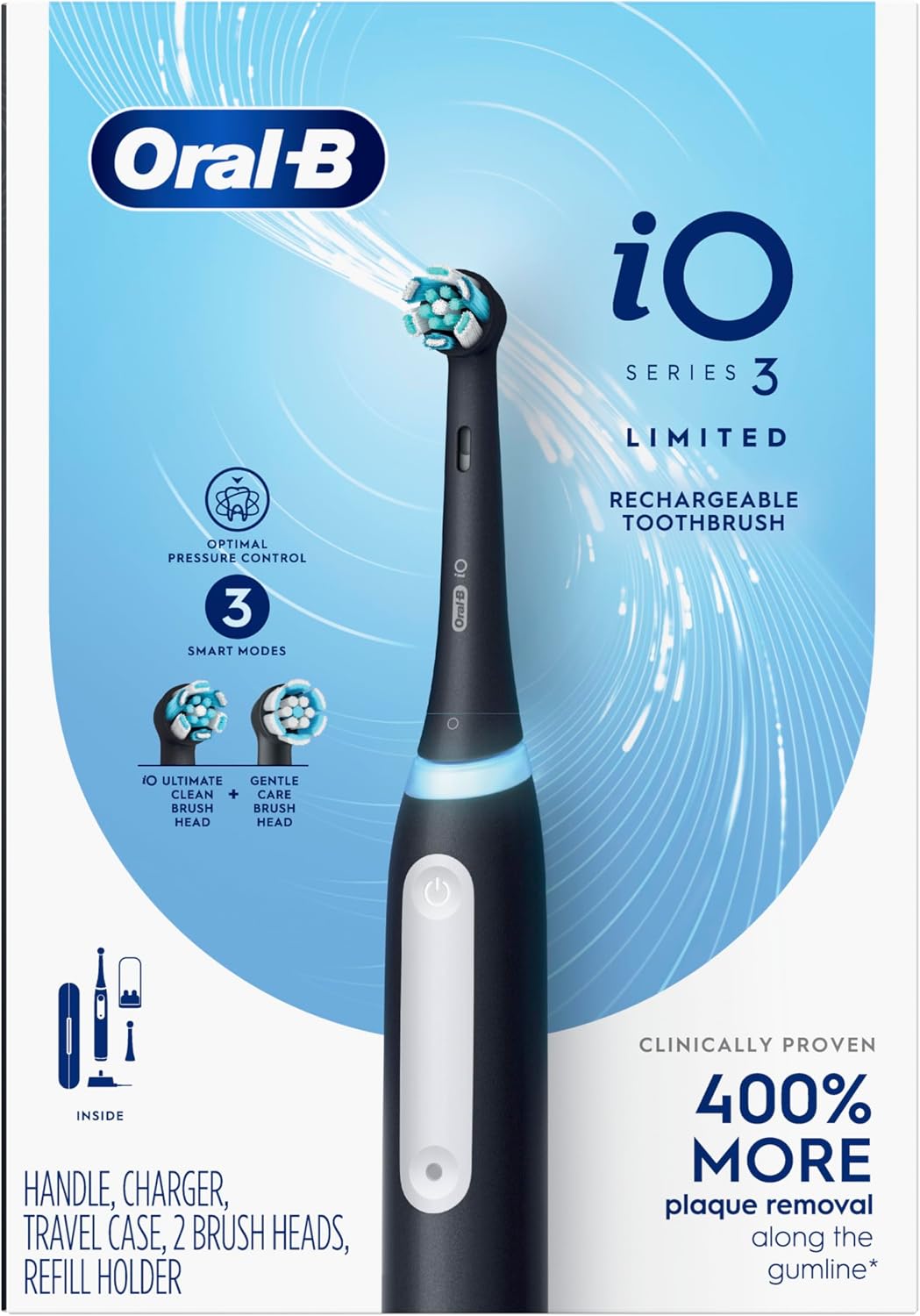 Oral-B iO Series 3 Limited Deep Clean Rechargeable Electric Toothbrush for Adults, Black, 3 Modes, Smart Pressure Sensor, Plaque Removal and Gum Care, 2 Replacement Brush Heads, Travel Case - Image 9