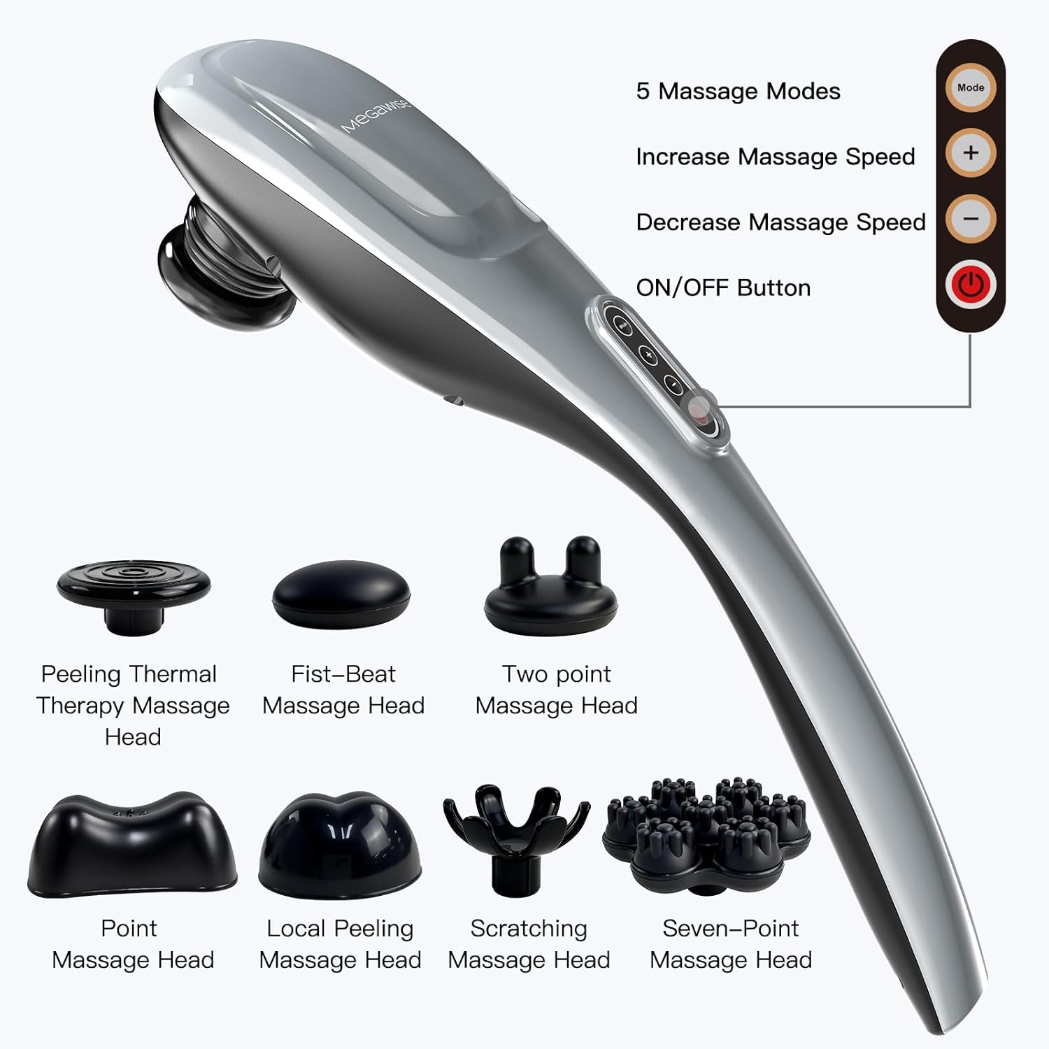MEGAWISE Handheld Back Massager | Deep Tissue Percussion Massage for Back, Neck, Shoulders, Waist and Legs (Cordless Silver) - Image 6