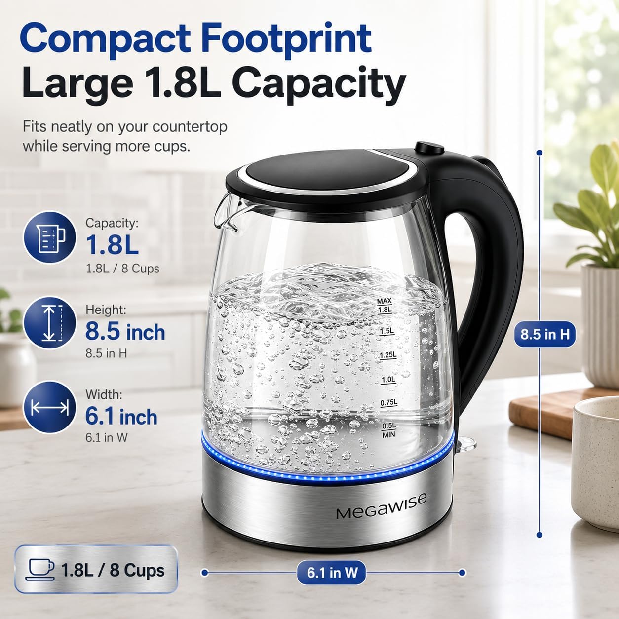 MEGAWISE 1.8 L Glass Electric Kettle, 1000W, Auto Shut-Off, Black - Image 8