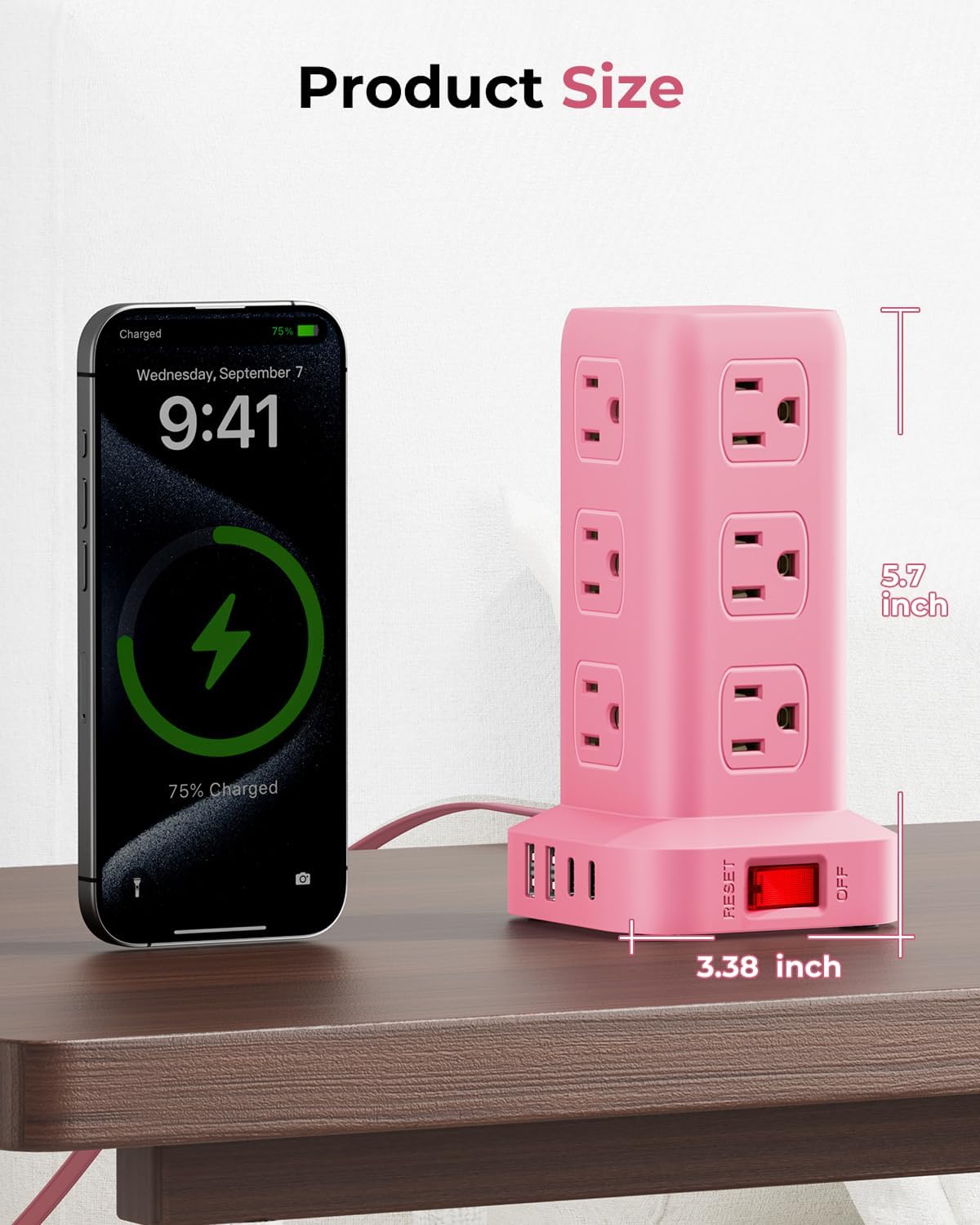 Pink Power Strip with 12 Outlets 4 USB (1 USB C), 6.5Feet Extension Cord with Multiple Outlets, Charging Station, Power Strip Tower, Home Office Desk Supplies - Image 6