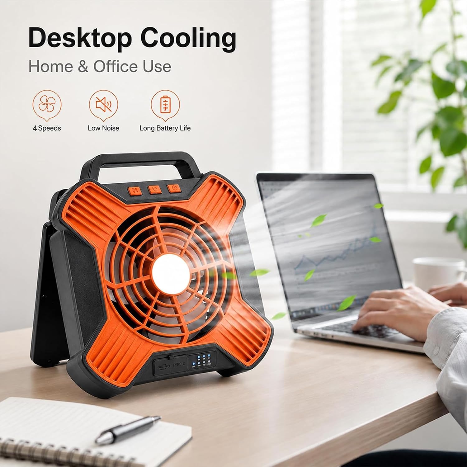Solar Camping Fan, 10000mAh Rechargeable Tent Fan,4-Speed Battery & Solar Powered Fan with LED Light for Camping RV Emergency Travel (Orange&Black) - Image 8