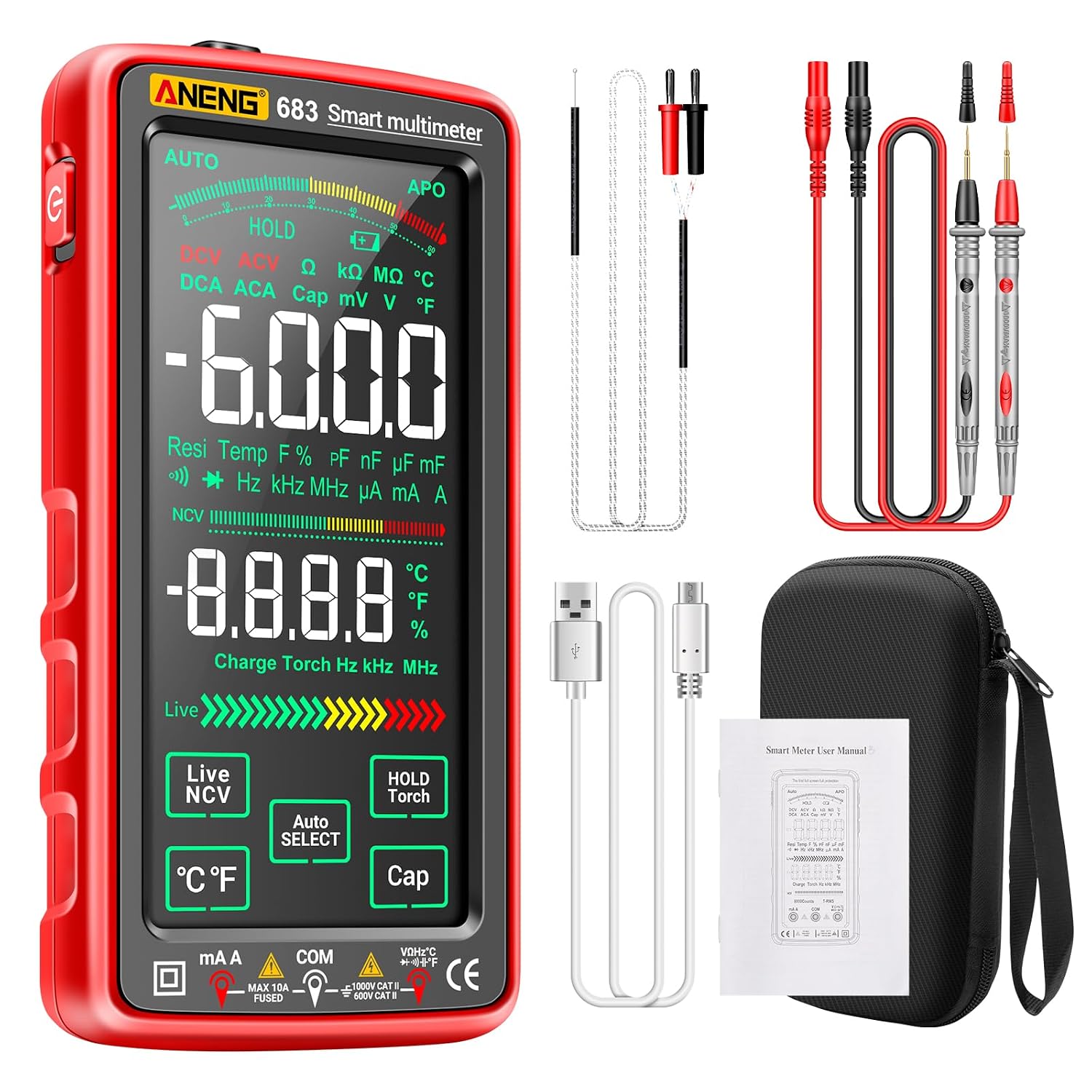 Smart Multimeter, Digital Multimeter Tester with Touch Screen 6000 Counts Auto Ranging Rechargeable A Reverse Display NCV Tester with Flashlight for Electricians, DIY (Red)