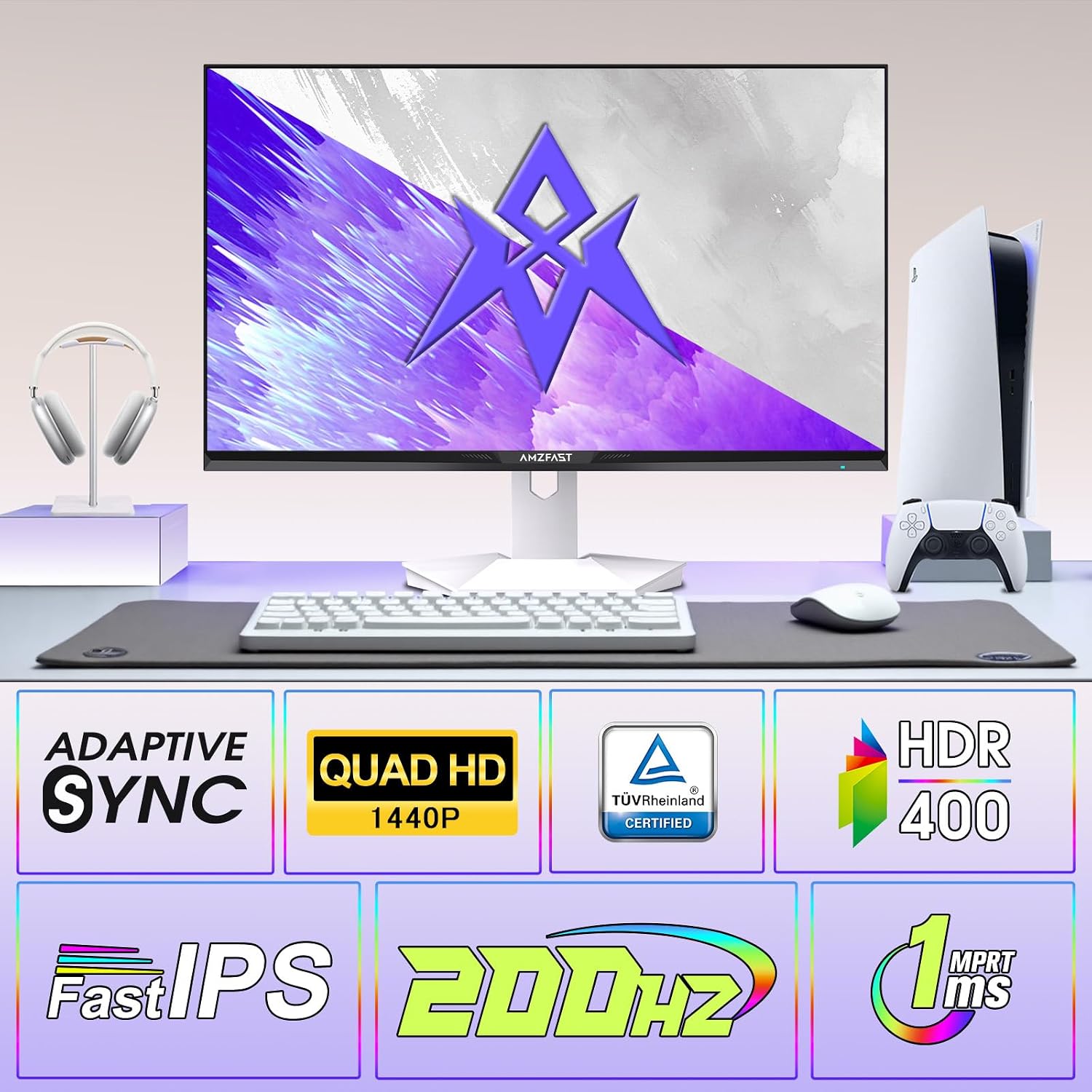 Amzfast 27" White Gaming Monitor, WQHD 2560x1440 200Hz Fast IPS 1ms HDR400 - Image 2