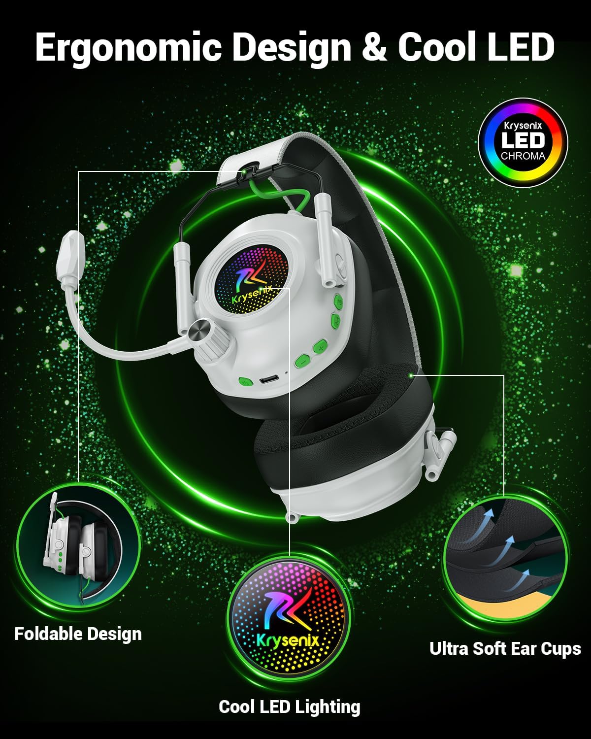 Krysenix Wireless Gaming Headset with Mic for PS5 & PC - White - Image 7