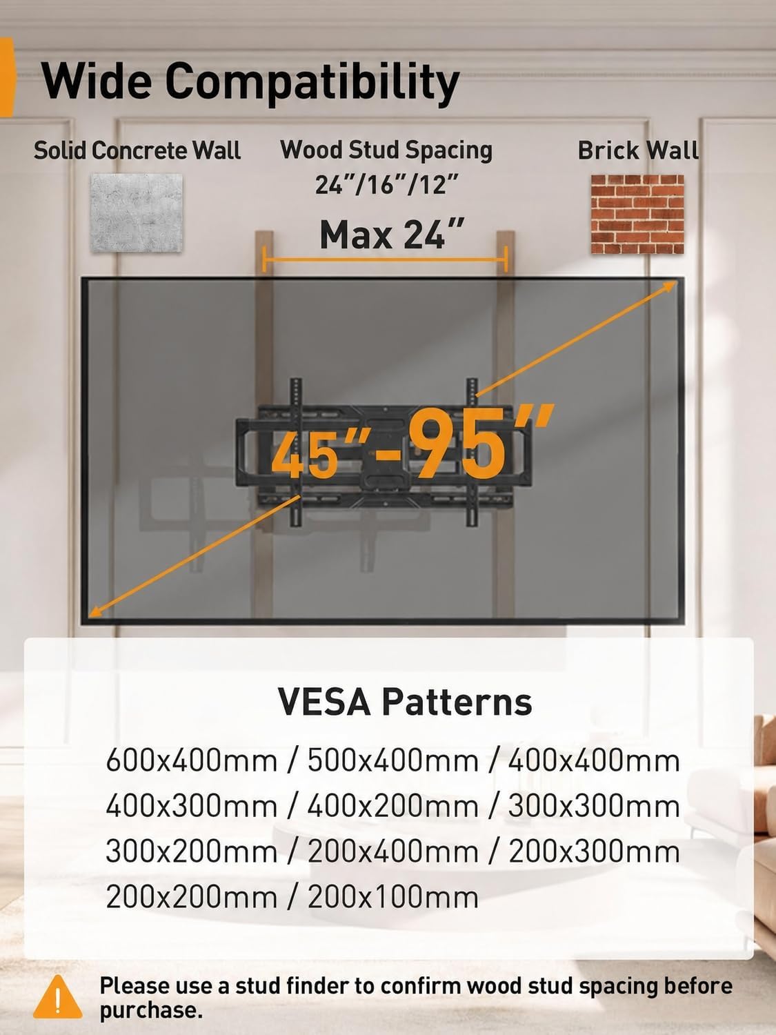 Perlegear Full Motion TV Wall Mount for 45–95 inch TVs up to 150 lbs - Image 2