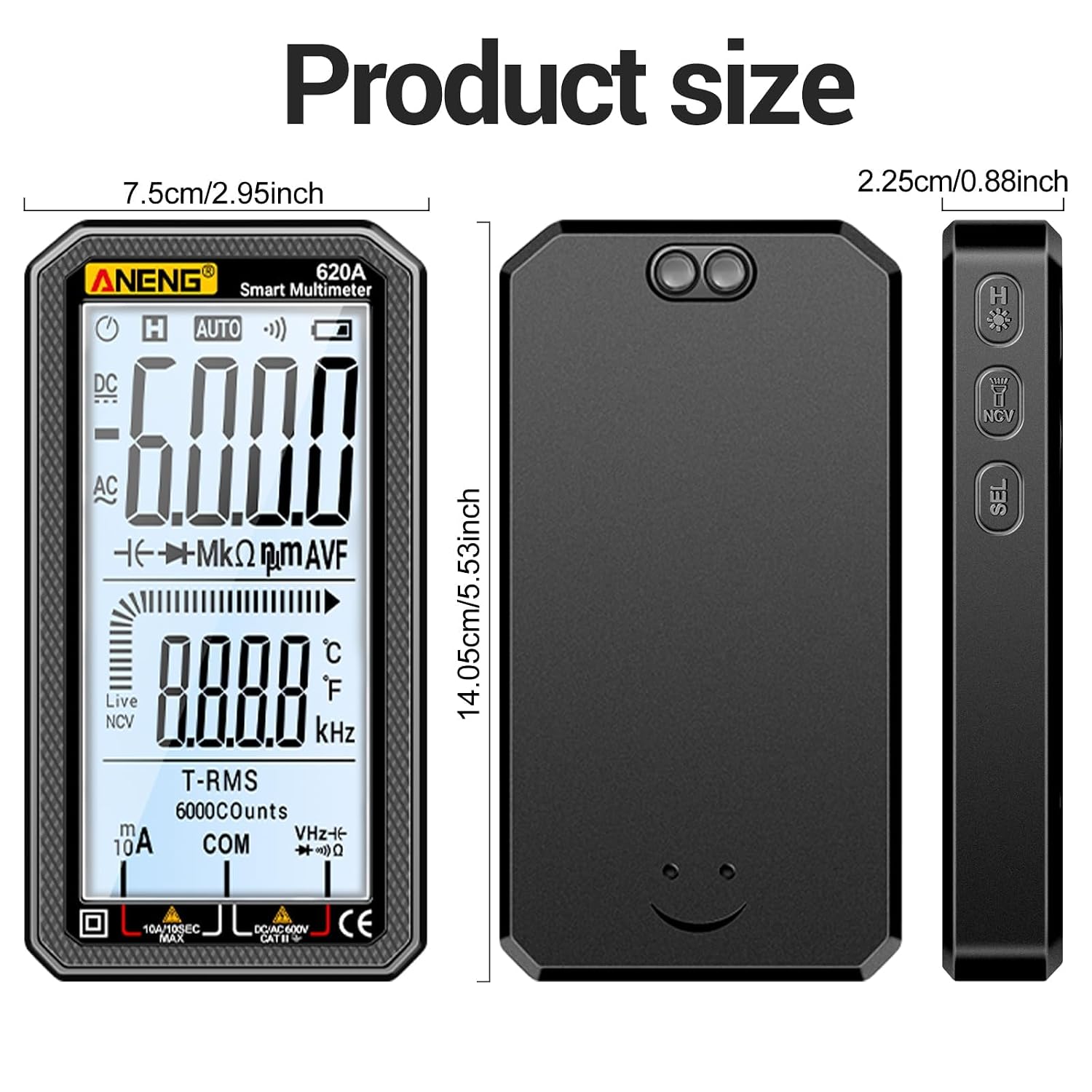 Digital Multimeter 6000 Counts Auto Ranging Voltmeter with LCD,Measures Ac/DC Current,Voltage,Resistance Temperature, for Electricians,DIY (620A Black) - Image 3