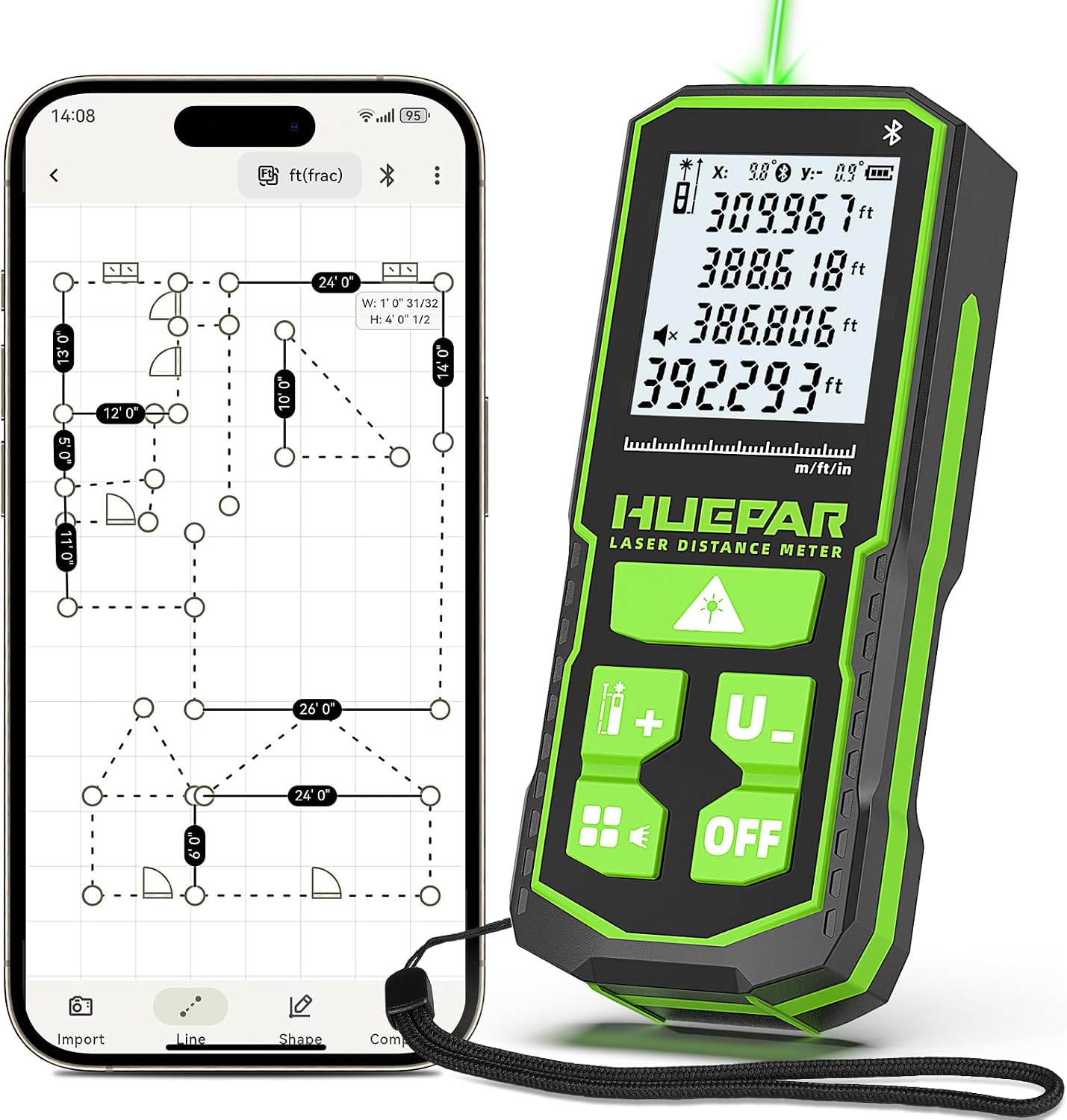 Huepar Bluetooth Green Laser Measuring Tool 395FT, S120-G-BT