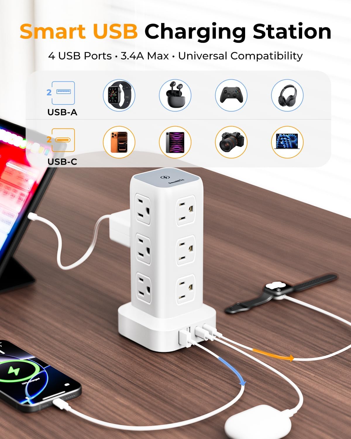 Power Strip with 12 Outlets 4 USB (1 USB C), 6.5Feet Extension Cord with Multiple Outlets, Charging Station, Power Strip Tower, Home Office Desk Supplies - Image 5