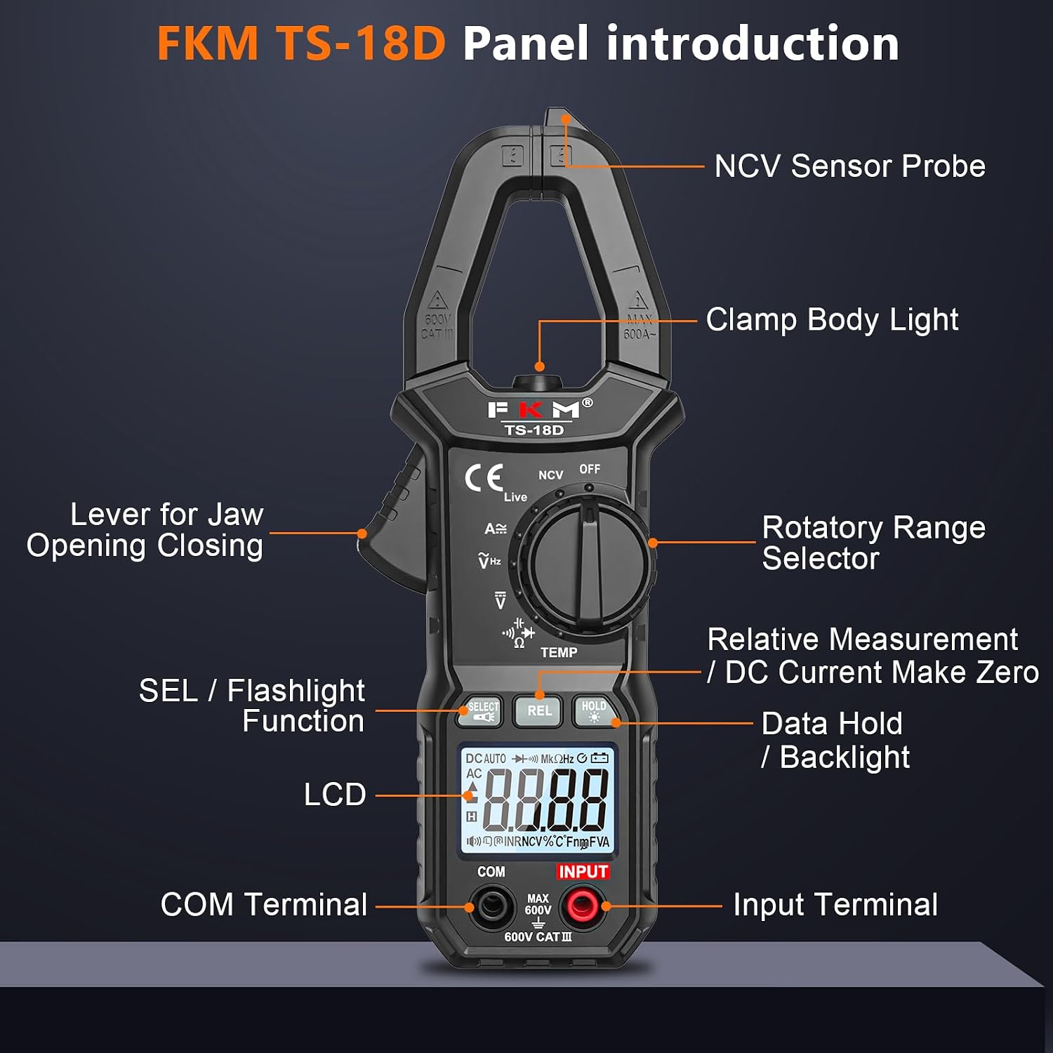 FKM AC/DC 600 Amp Clamp Meter Digital Multimeter Tester TRMS 6000 Counts - Image 9