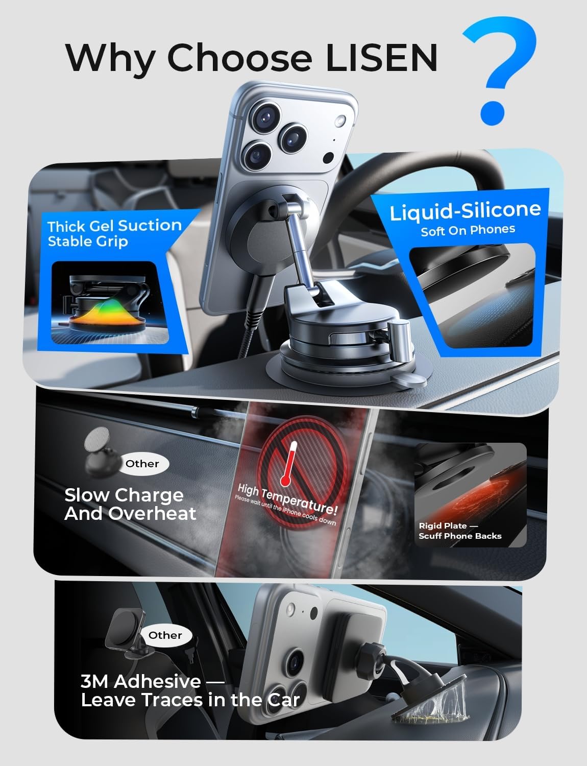 LISEN 15W Magsafe Car Mount Charger for iPhone 18 Pro Max, Magnetic Wireless Car Charger, Suction Phone Mount, Vacuum Magnetic Phone Holder for Carfor iPhone 18 Pro Max 17 16 15 14 13 12 Samsung Pixel - Image 8