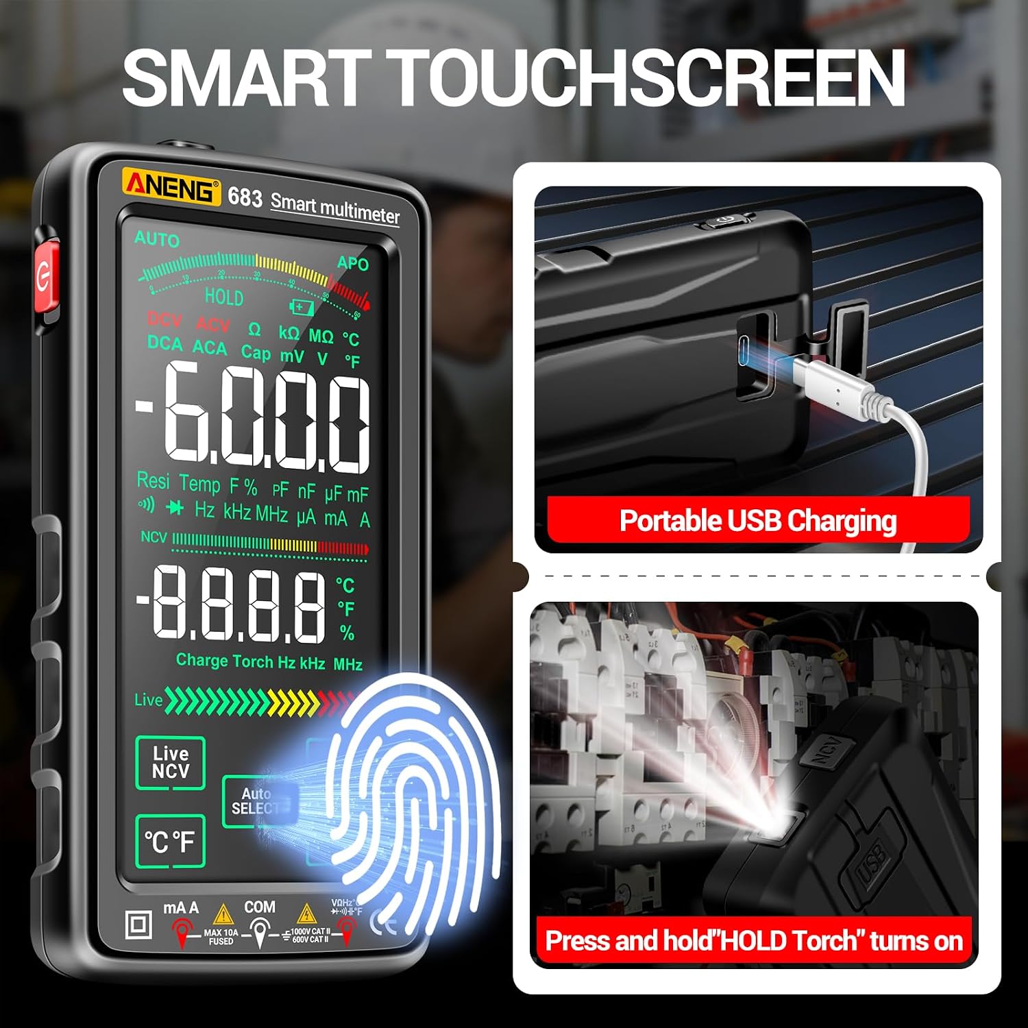 Smart Multimeter, Smart Digital multimeter Tester with Touch Screen 6000 Counts Auto Ranging Rechargeable multimeter A Reverse Display NCV Tester with Flashlight for Electricians,DIY (Black) - Image 3
