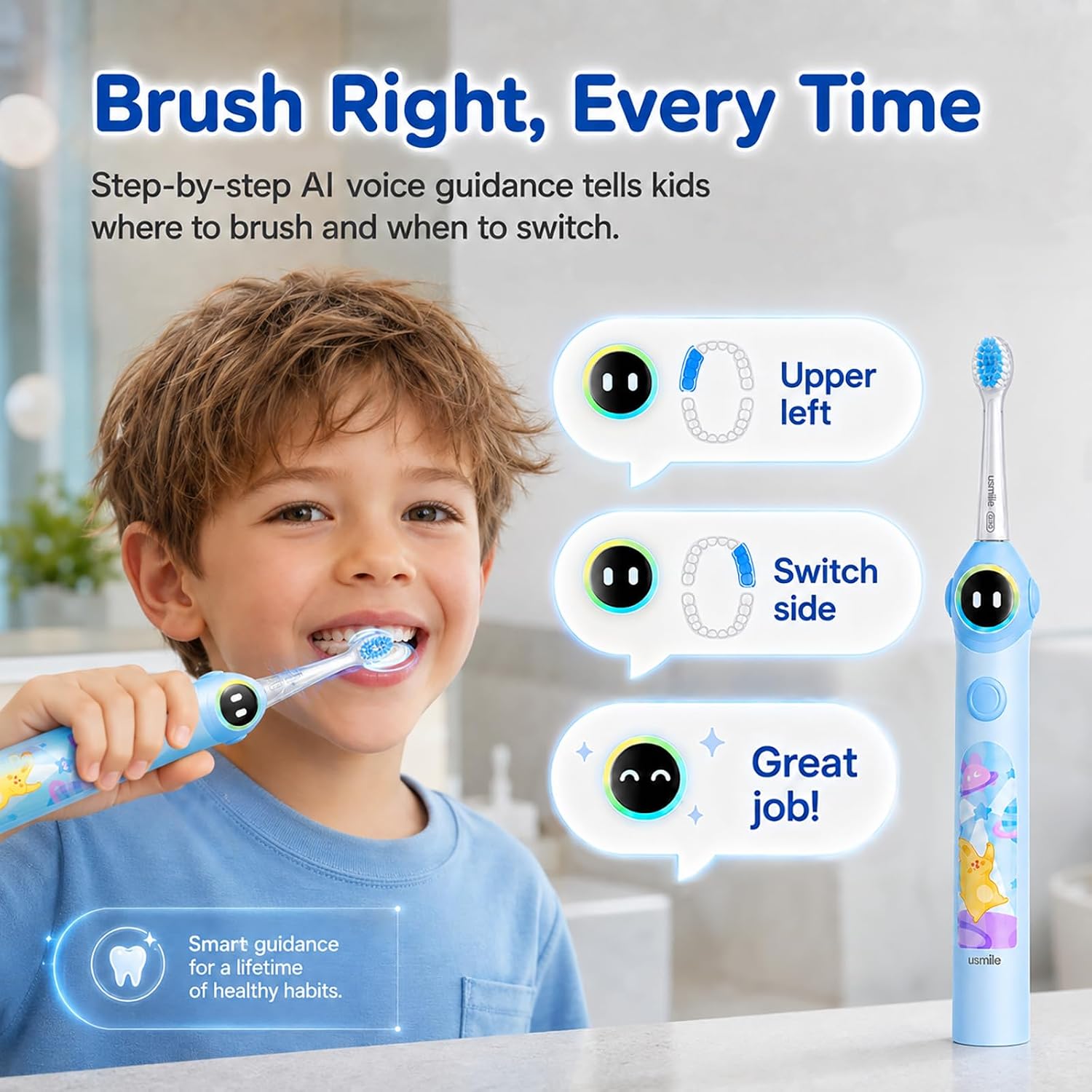 usmile Q30 Kids Smart Toothbrush, Voice-Guided Coaching, Ages 3-8 (Blue) - Image 3