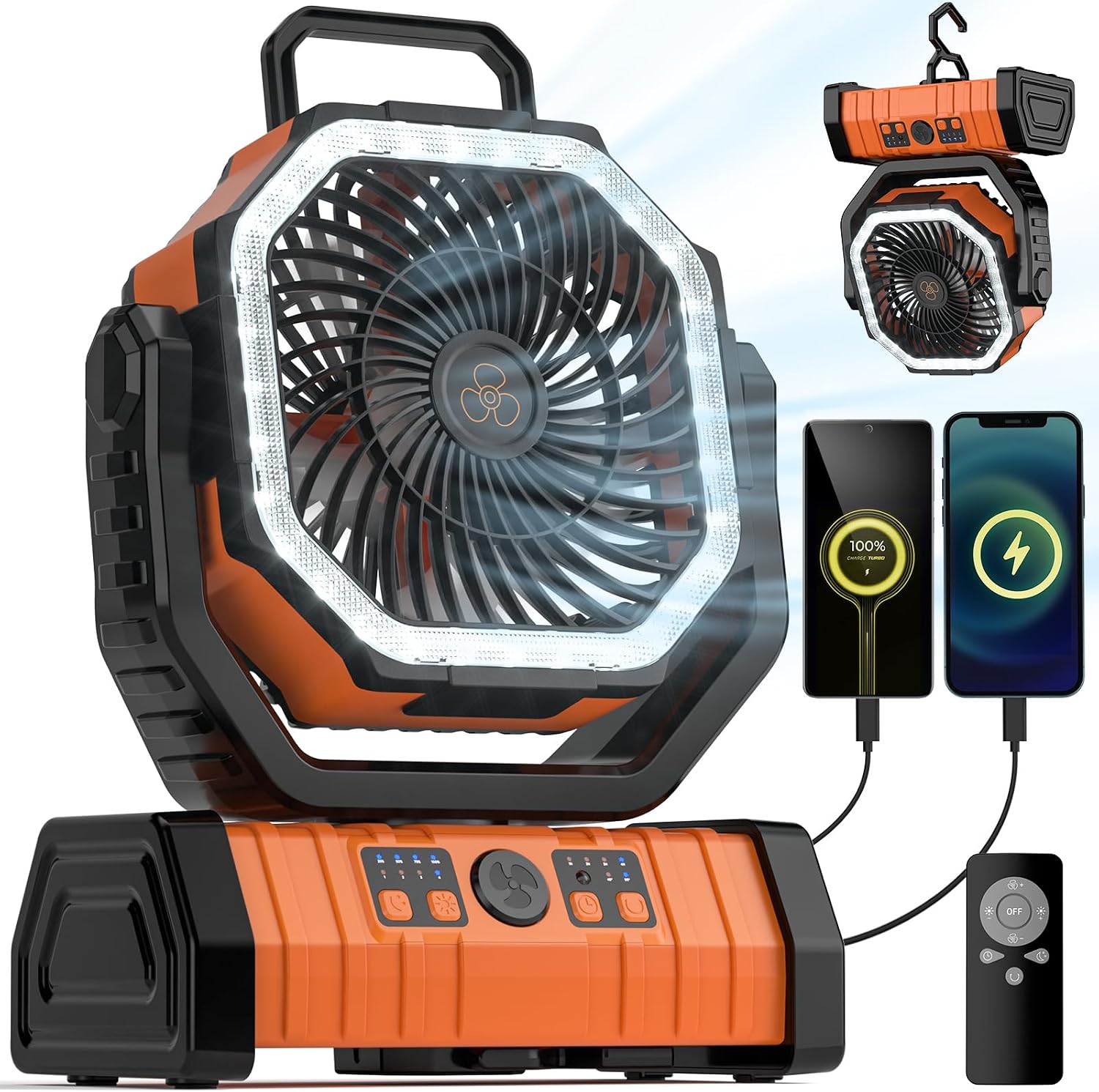 Camping Fan - 20000mAh Battery Powered Fan Rechargeable with LED Lantern - Portable Outdoor Tent Fans with Hanging Hook 4 Speeds Wind Remote Control, Black and Orange