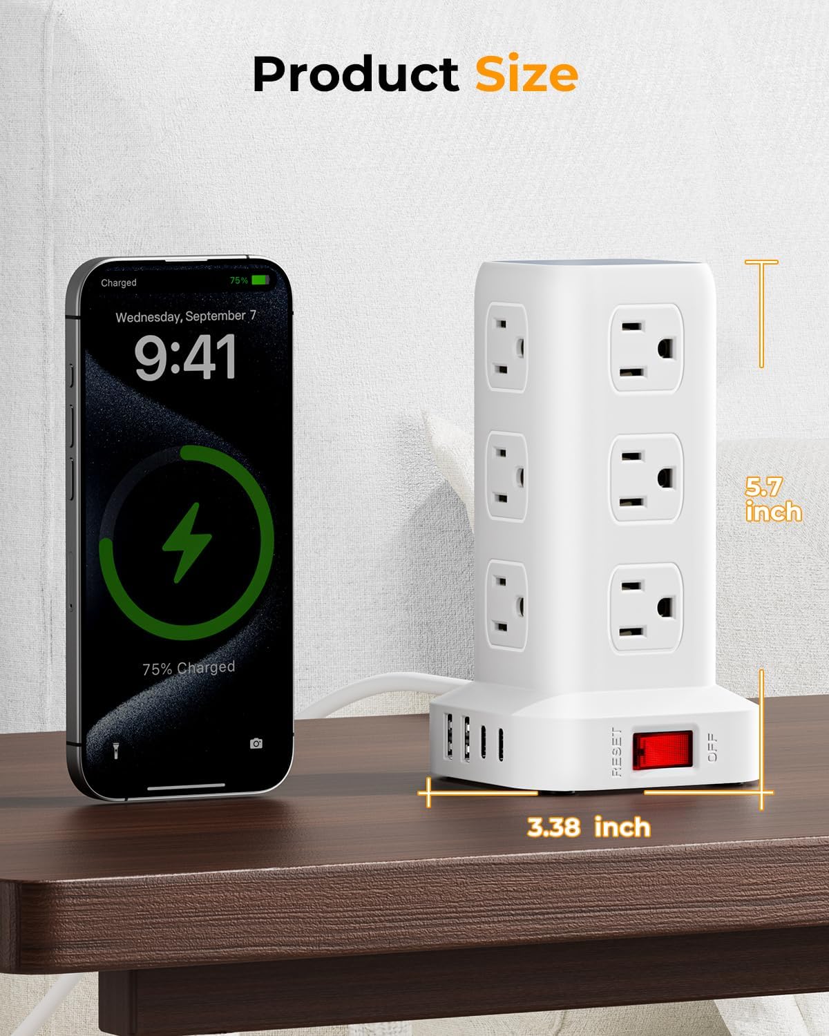 Power Strip with 12 Outlets 4 USB (1 USB C), 6.5Feet Extension Cord with Multiple Outlets, Charging Station, Power Strip Tower, Home Office Desk Supplies - Image 7