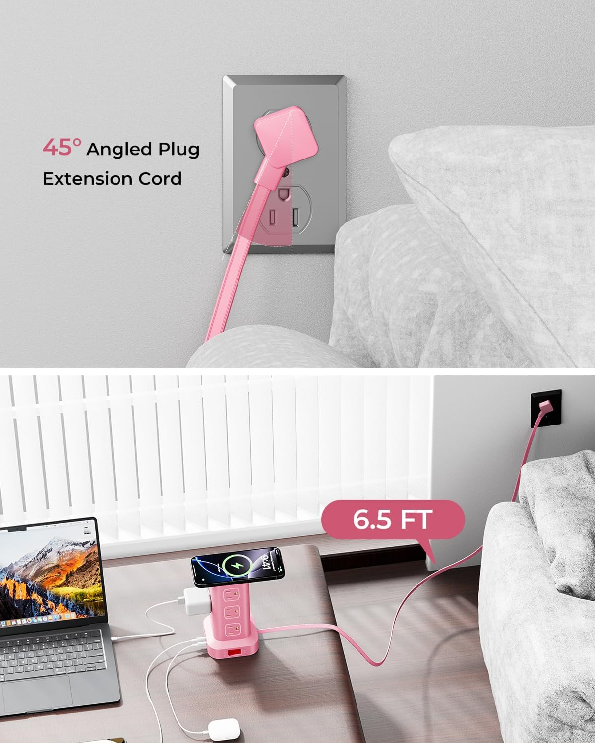 Pink Power Strip with 12 Outlets 4 USB (1 USB C), 6.5Feet Extension Cord with Multiple Outlets, Charging Station, Power Strip Tower, Home Office Desk Supplies - Image 4