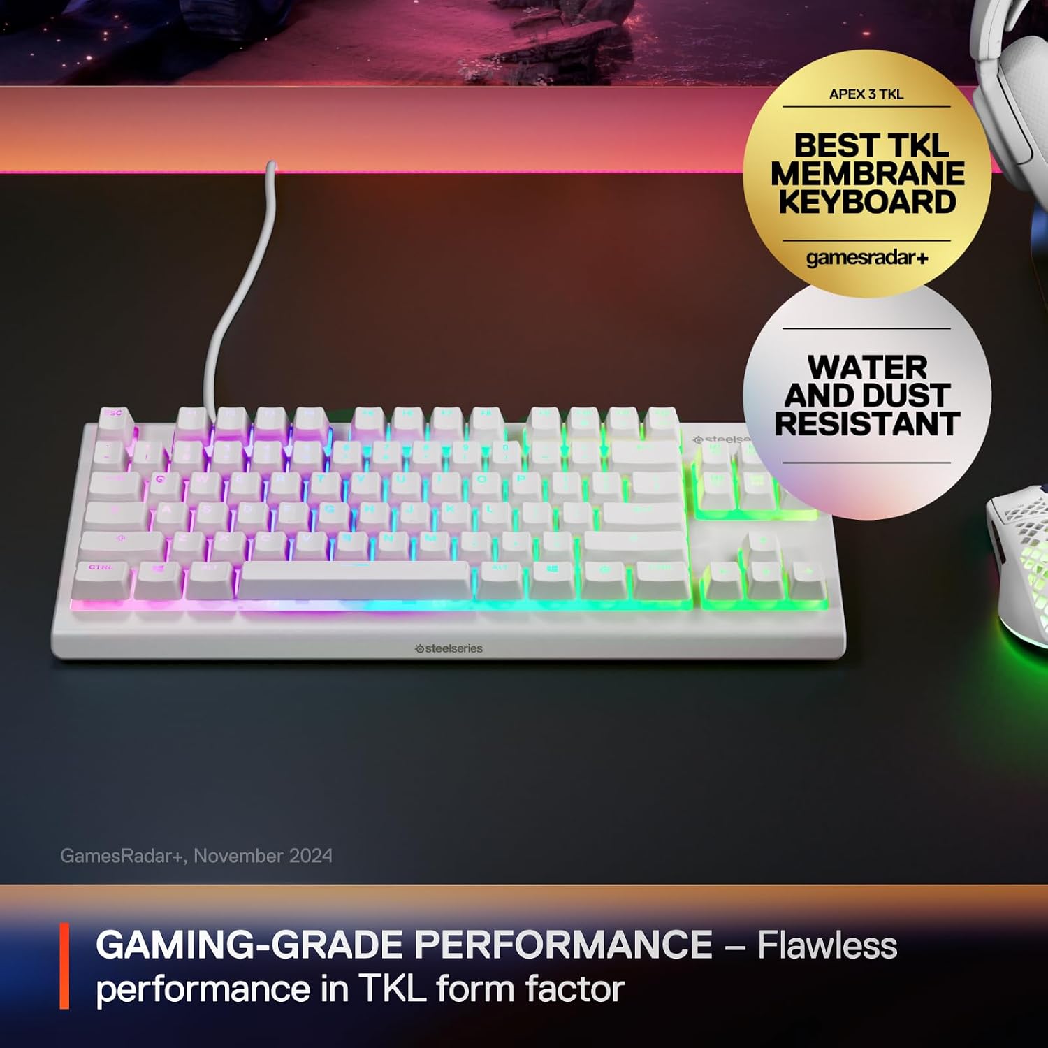 SteelSeries Apex 3 TKL White RGB Gaming Keyboard — Tenkeyless Compact Form Factor — 8-Zone RGB Illumination — Water and Dust Resistant — Whisper-Quiet Gaming Switch - Image 2