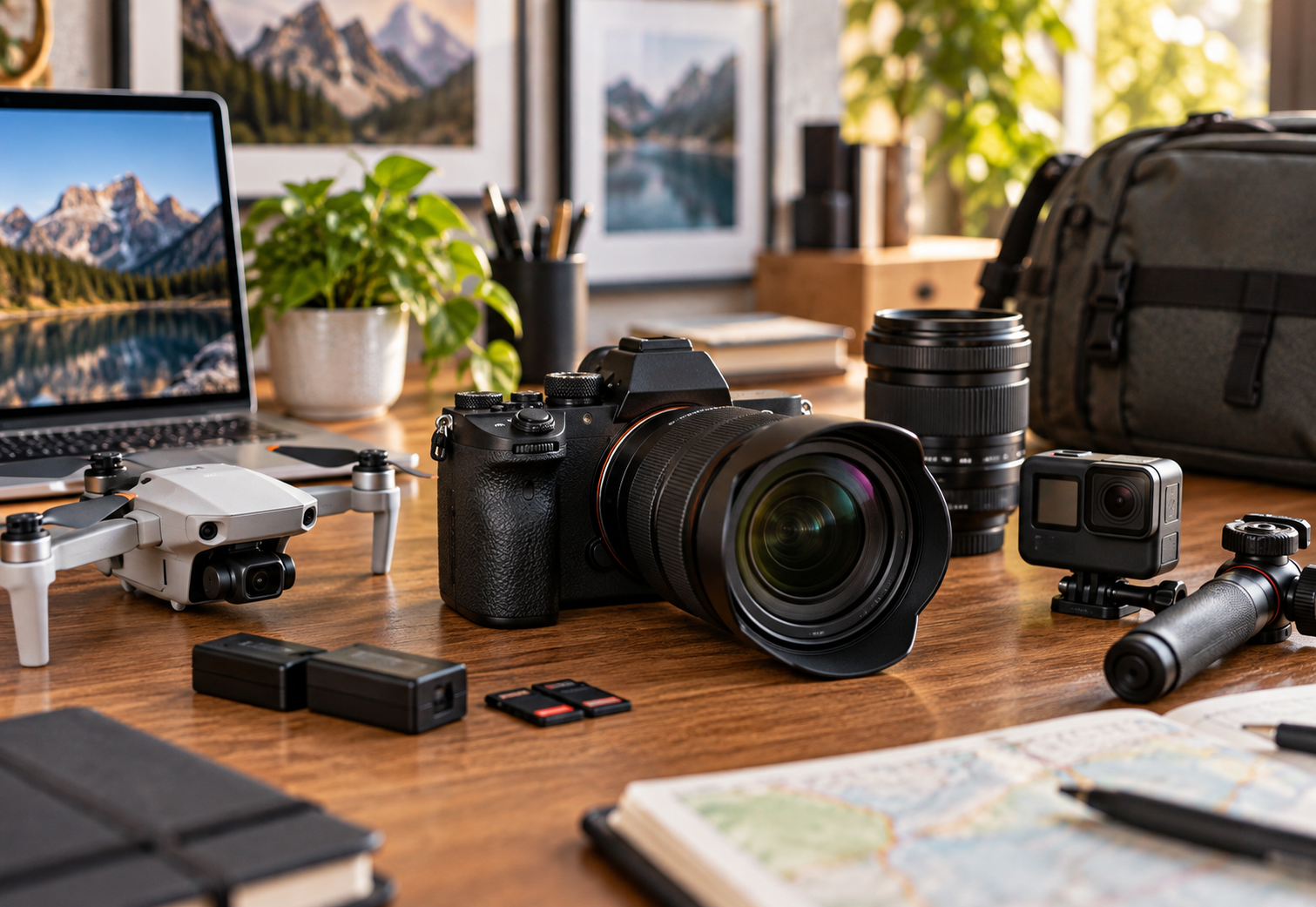 Camera equipment arranged on a modern desk