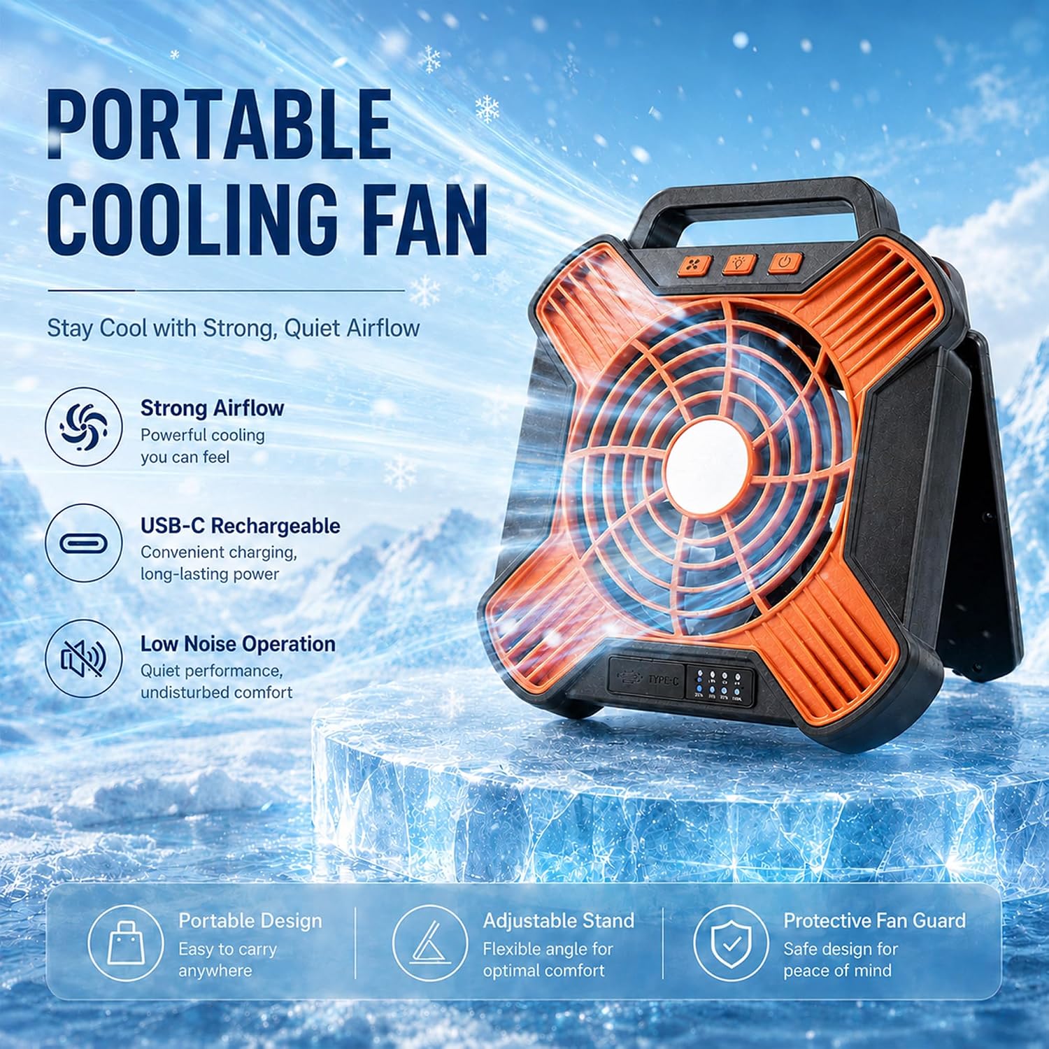 Solar Camping Fan, 10000mAh Rechargeable Tent Fan,4-Speed Battery & Solar Powered Fan with LED Light for Camping RV Emergency Travel (Orange&Black) - Image 3