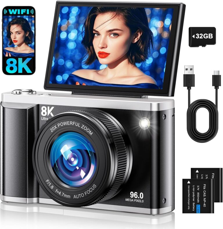 8K Digital Camera for Photography with WiFi 96MP Autofocus Vlogging Camera for YouTube Video 3.5'' 180°Flip Screen 20X Zoom Anti-Shake Compact Point and Shoot Cameras for Beginner Creator with SD Card
