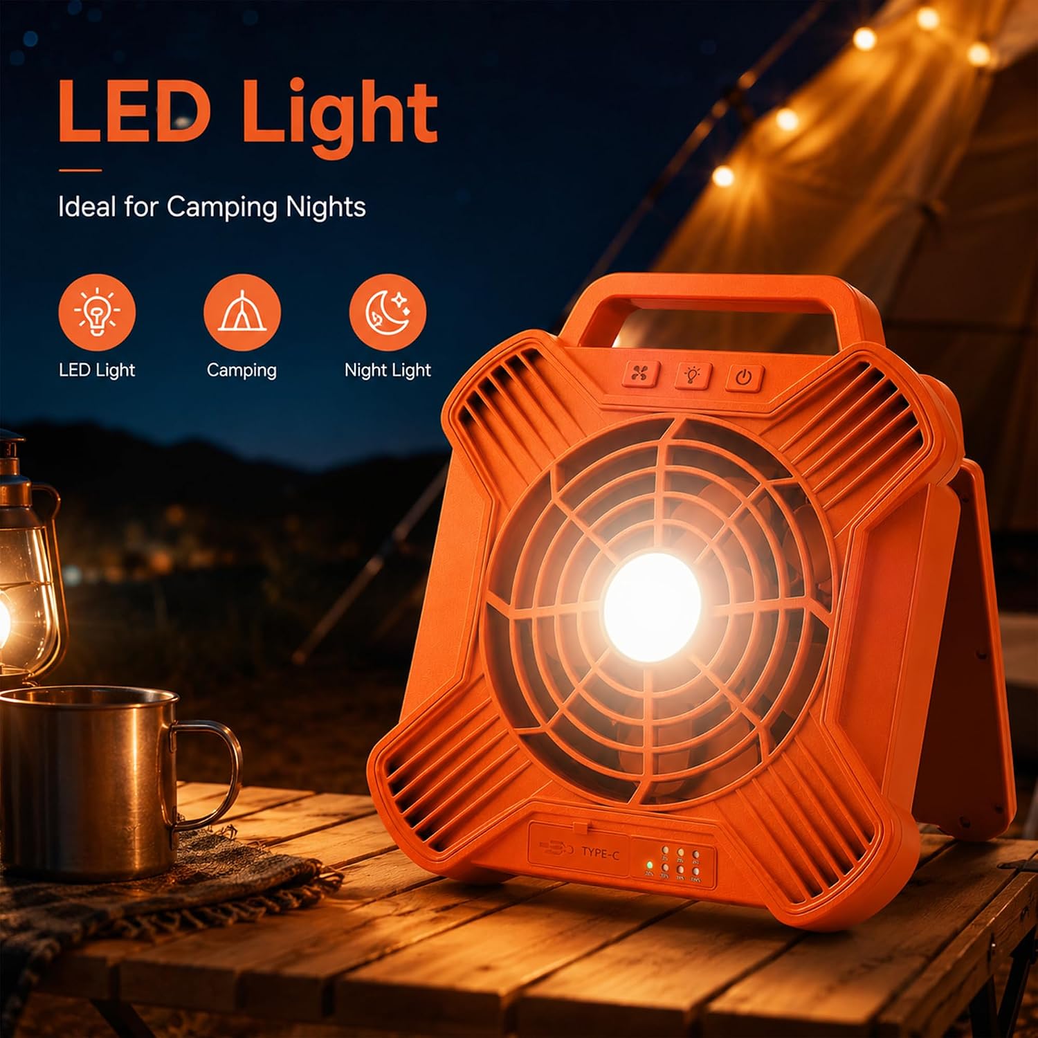Solar Camping Fan, 10000mAh Rechargeable Tent Fan,4-Speed Battery & Solar Powered Fan with LED Light for Camping RV Emergency Travel (Orange) - Image 5