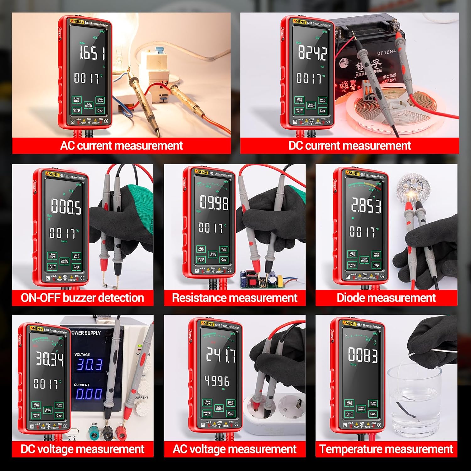 Smart Multimeter, Digital Multimeter Tester with Touch Screen 6000 Counts Auto Ranging Rechargeable A Reverse Display NCV Tester with Flashlight for Electricians, DIY (Red) - Image 6