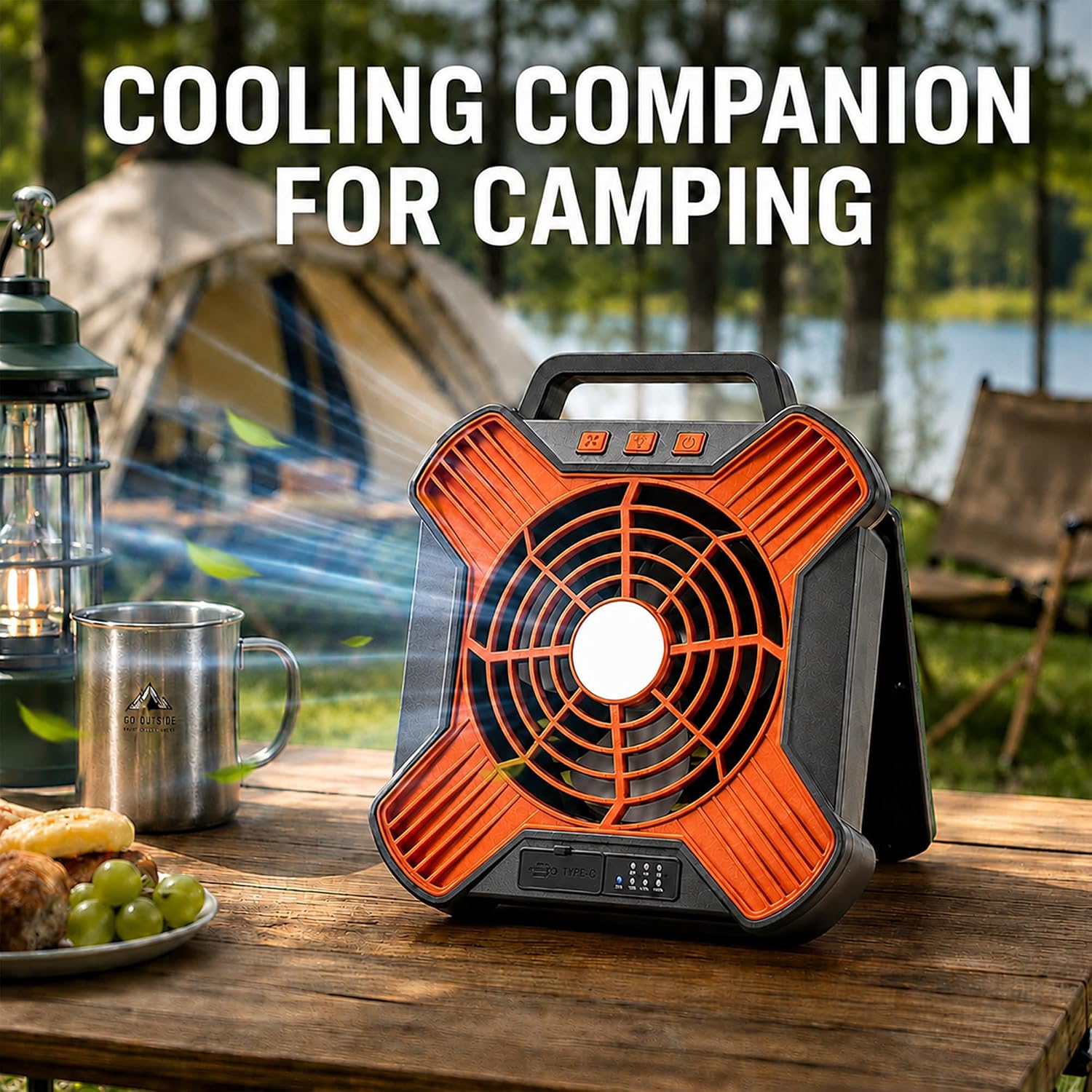 Solar Camping Fan, 10000mAh Rechargeable Tent Fan,4-Speed Battery & Solar Powered Fan with LED Light for Camping RV Emergency Travel (Orange&Black) - Image 9