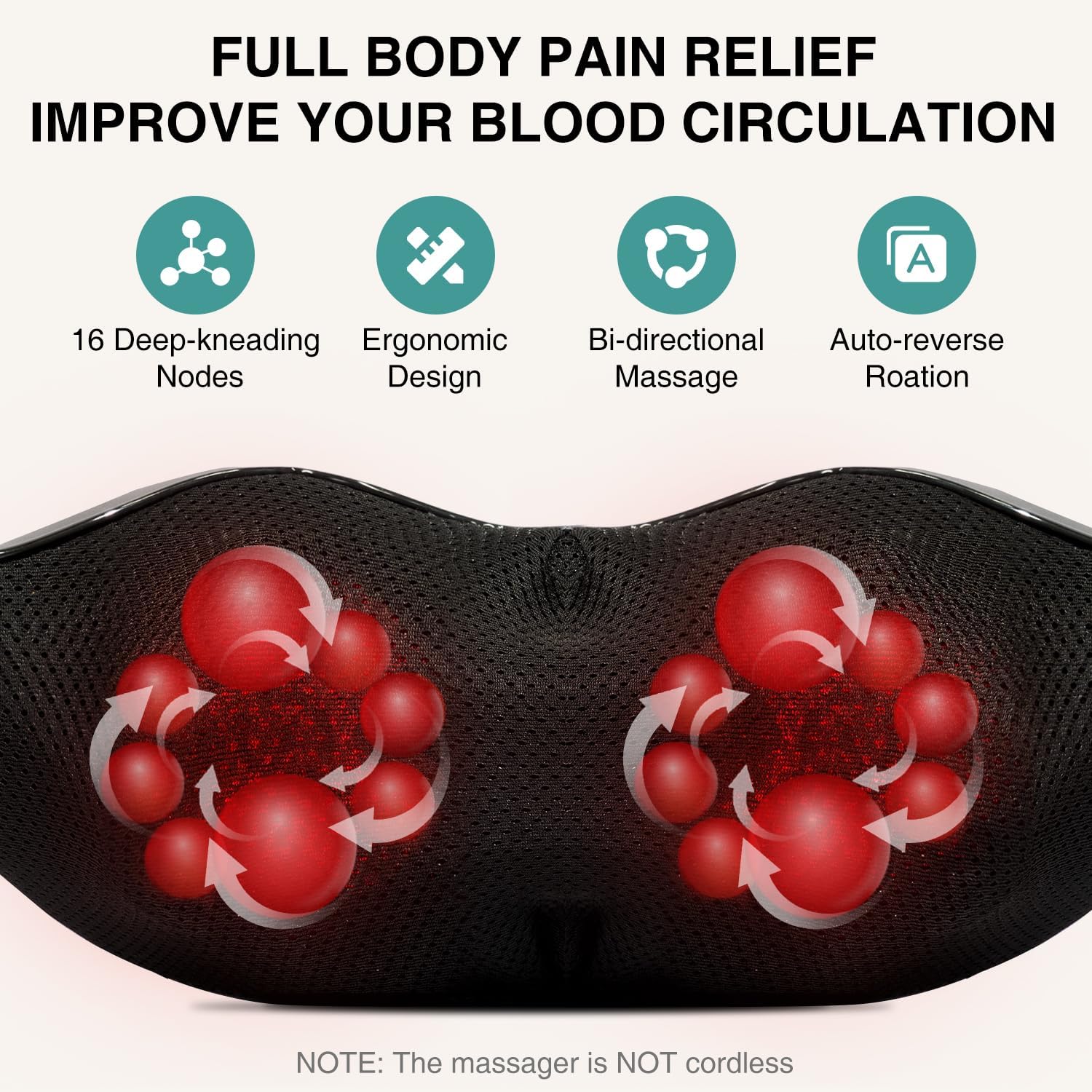 Nekteck Shiatsu Neck Massager with Heat for Pain Relief, Gray, NOT Cordless - Image 2