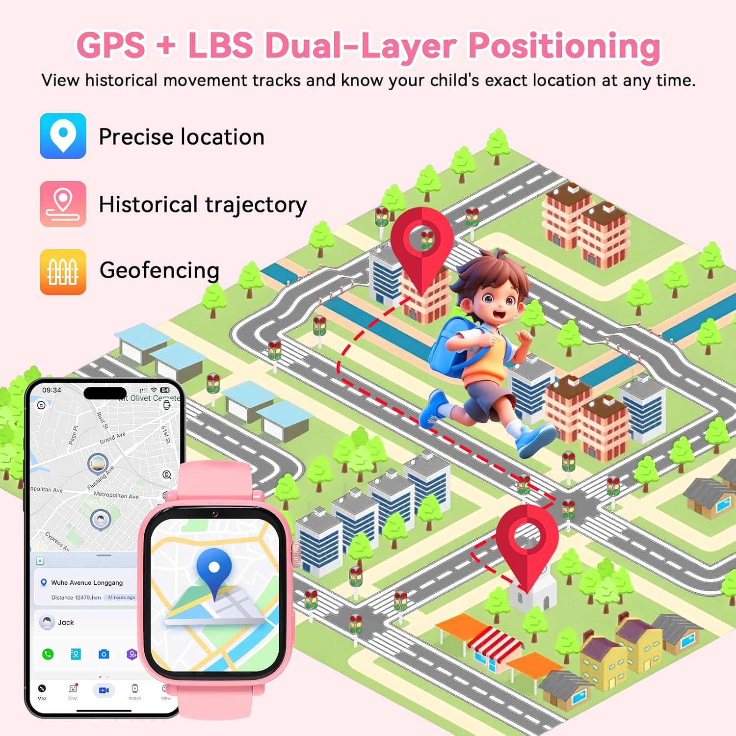 4G Kids Smart Watch Phone GPS, Smartwatch for Boys Girls Ages 4-12 Years with Video Call Chat Class Mode SOS Camera Alarm Games Parental App Touch Watch Gifts for Children (Includes SIM Card) Pink - Image 3