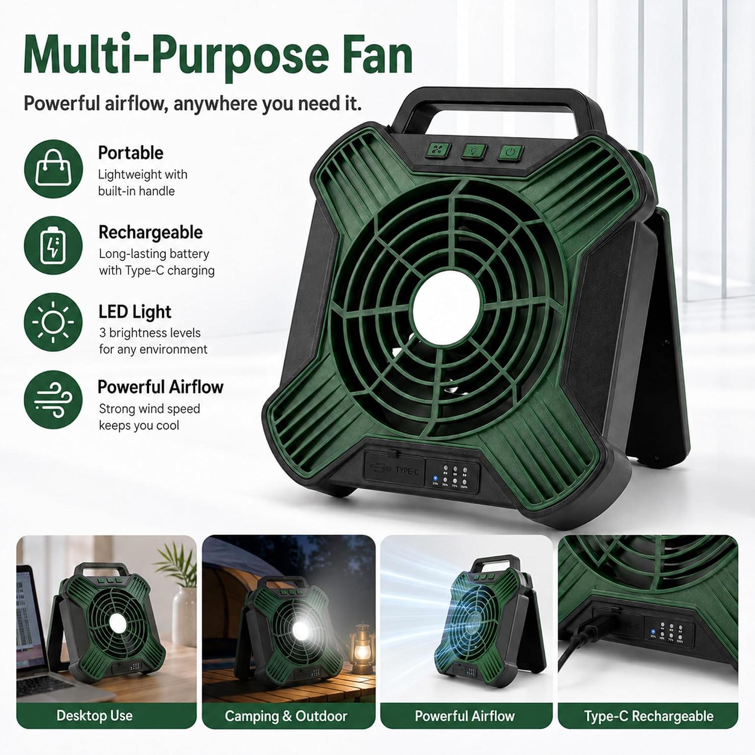 Solar Camping Fan, 10000mAh Rechargeable Tent Fan,4-Speed Battery & Solar Powered Fan with LED Light for Camping RV Emergency Travel (Green&Black) - Image 6