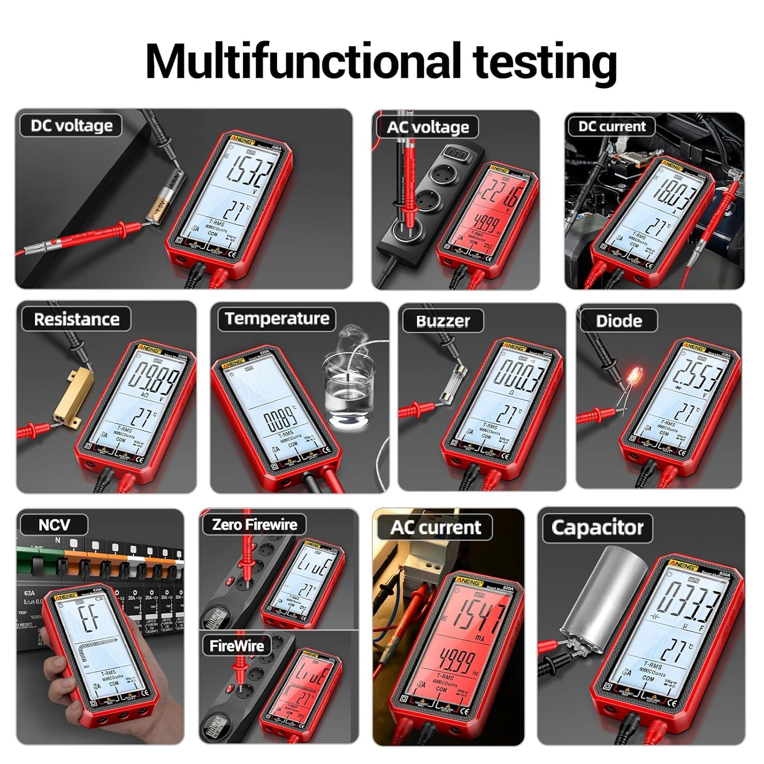 Digital Multimeter Tester, Smart Multimeter with Auto Ranging Digital Voltmeter Measures Voltage Current Resistance Continuity Capacitance Temperature for Electricians,DIY (620C Red) - Image 7