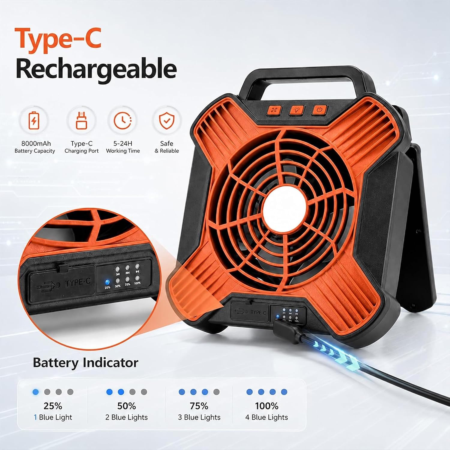 Solar Camping Fan, 10000mAh Rechargeable Tent Fan,4-Speed Battery & Solar Powered Fan with LED Light for Camping RV Emergency Travel (Orange&Black) - Image 5